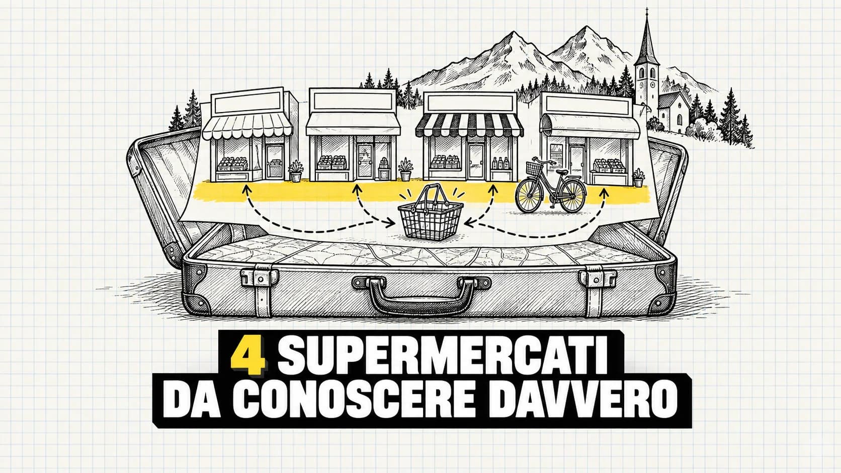 Disegno a inchiostro su carta quadrettata: una valigia aperta da cui si alzano quattro vetrine con insegne bianche, due montagne e un campanile, davanti un cestello e una bicicletta