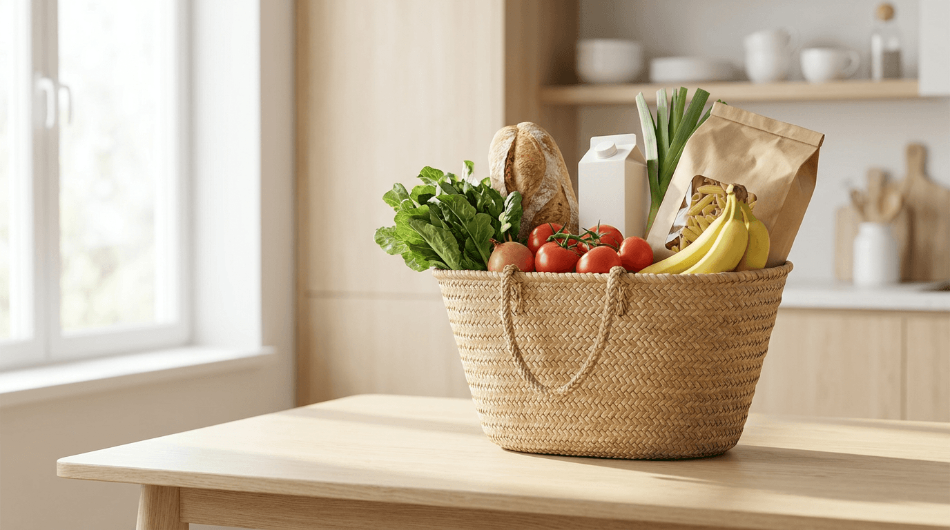 Swiss grocery inflation 2026: a full grocery basket on a bright table, illustrating how food prices moved according to BFS / OFS data