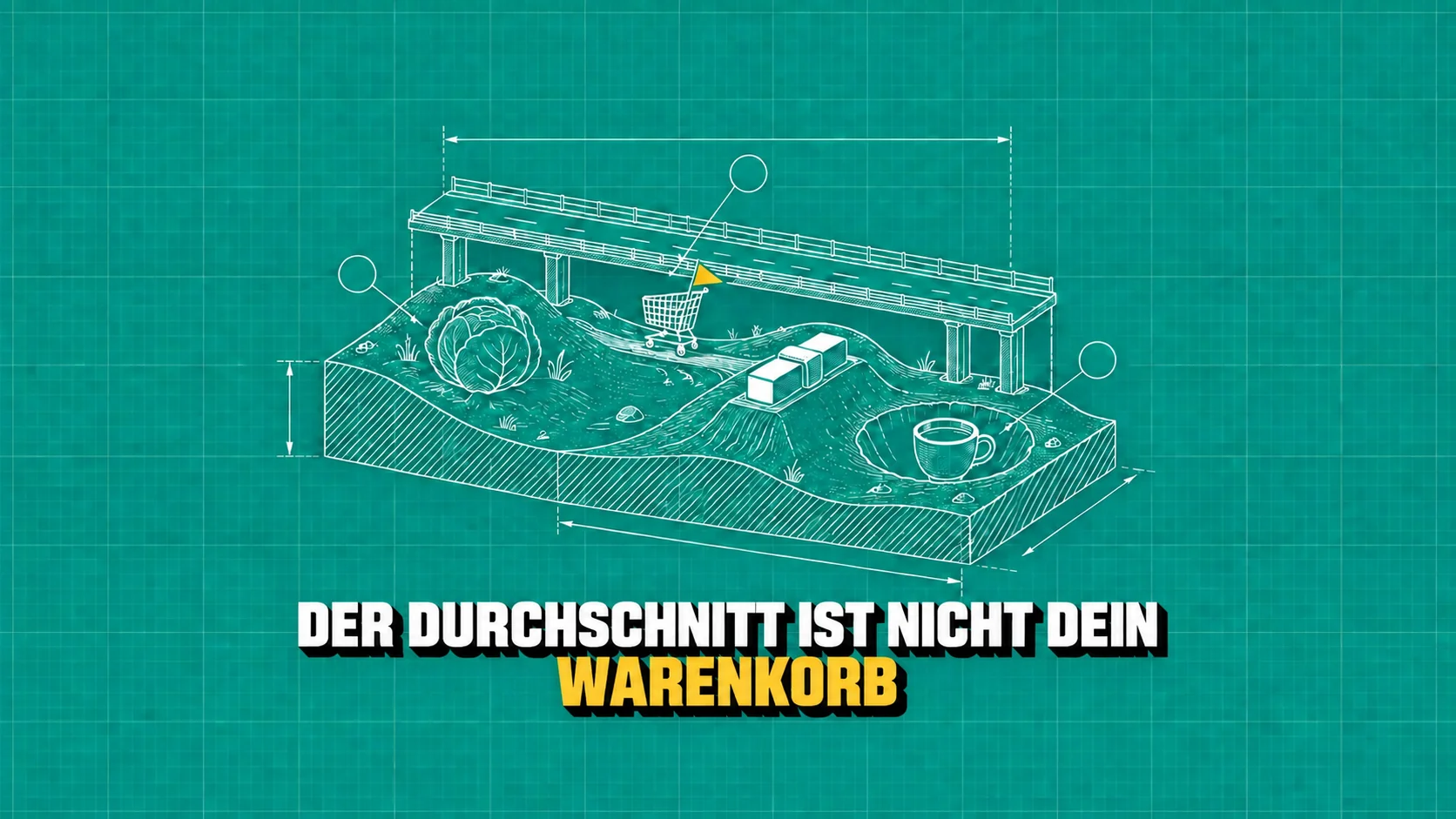 Ebene Strasse über Lebensmittelhügeln mit Einkaufswagen und gelber Fahne.