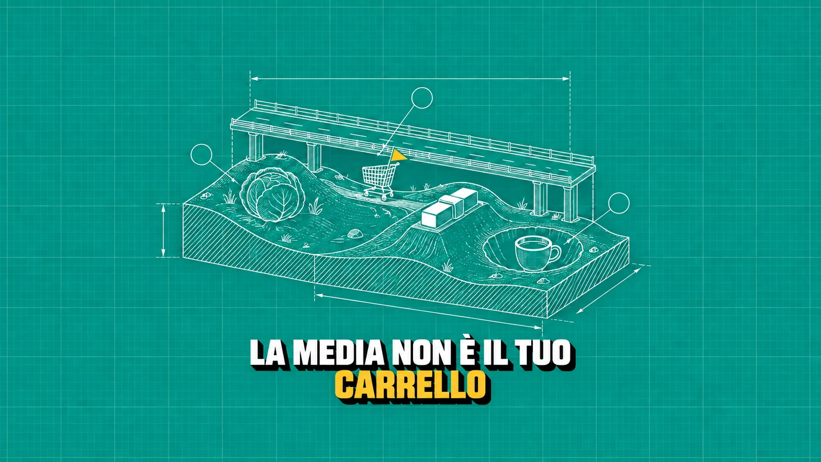Strada piana sopra colline di alimenti con carrello e bandiera gialla.