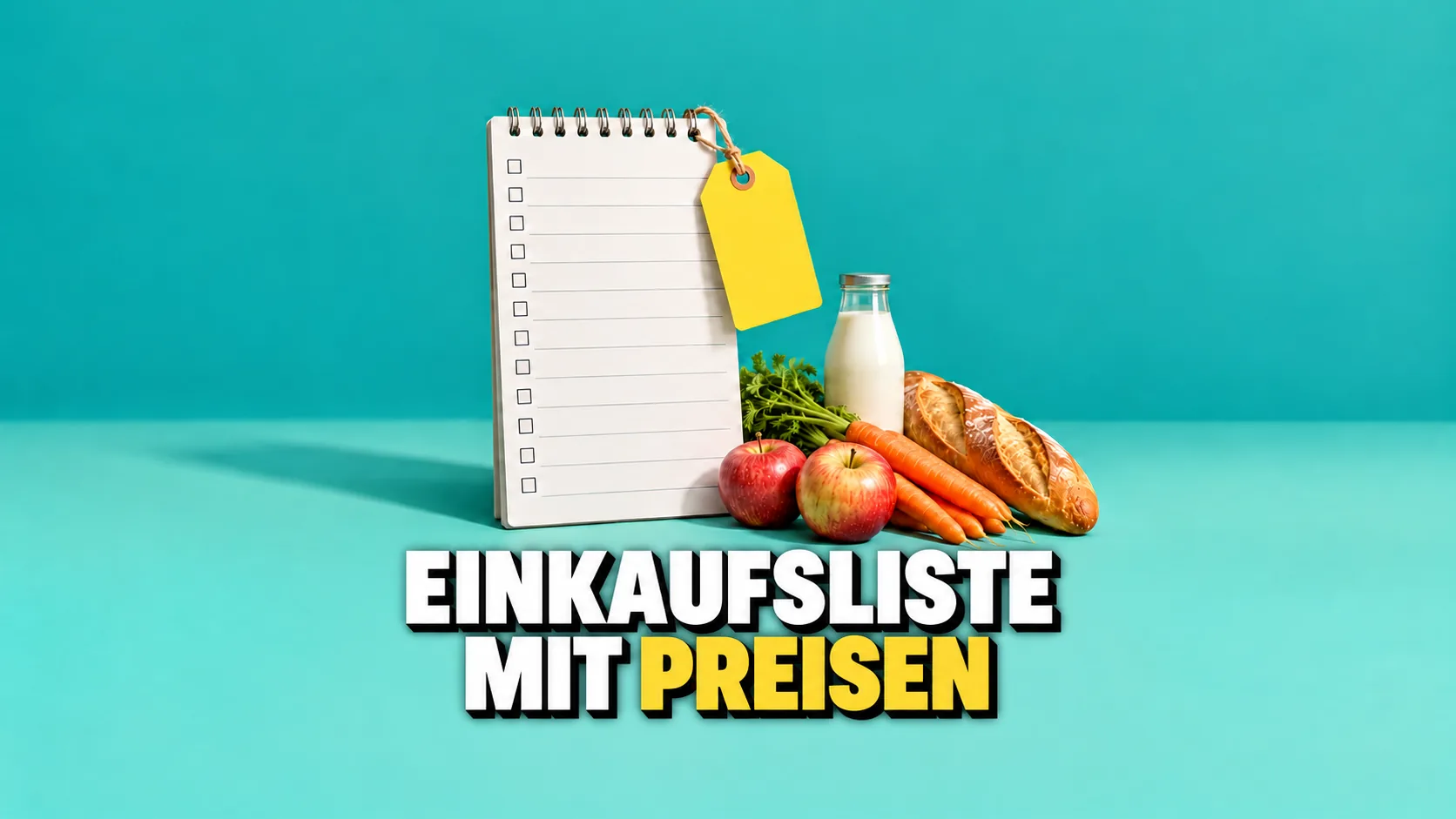 Riesiges Einkaufslisten-Blatt mit einem gelben Preisschild, davor Äpfel, Karotten, Brot und Milch