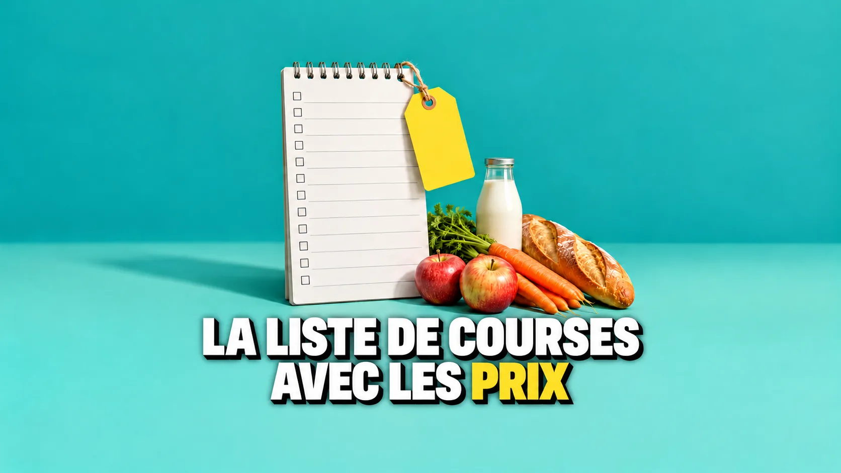 Feuille géante de liste de courses avec une étiquette de prix jaune, au pied des pommes, des carottes, du pain et du lait