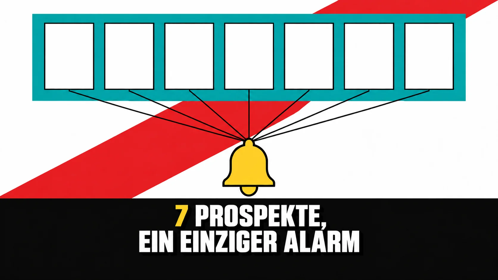 Grafikplakat mit sieben leeren Flugblättern, deren Linien zu einer gelben Glocke führen.