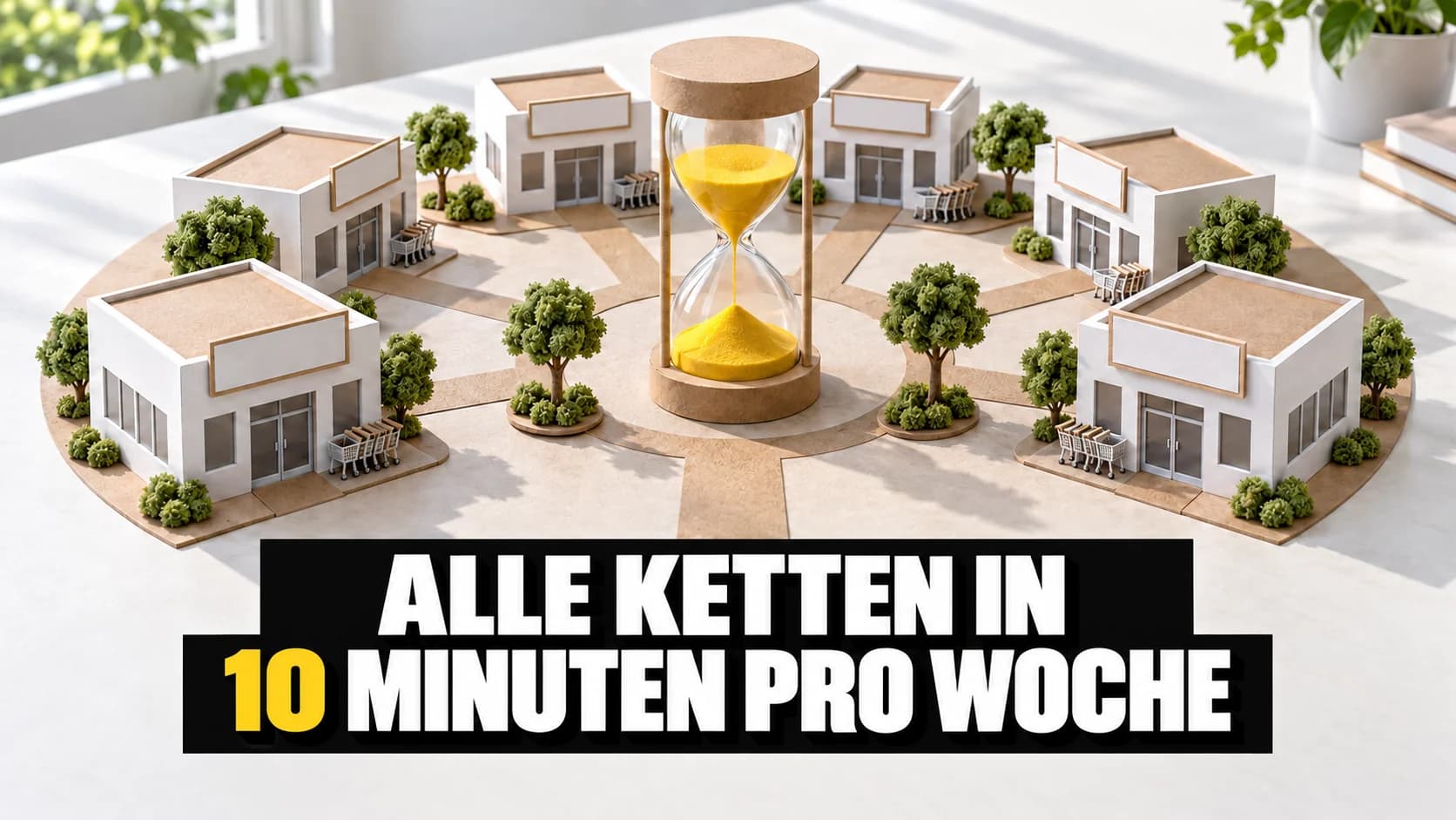 Sechs neutrale Modellläden im Kreis um eine Sanduhr mit gelbem Sand.