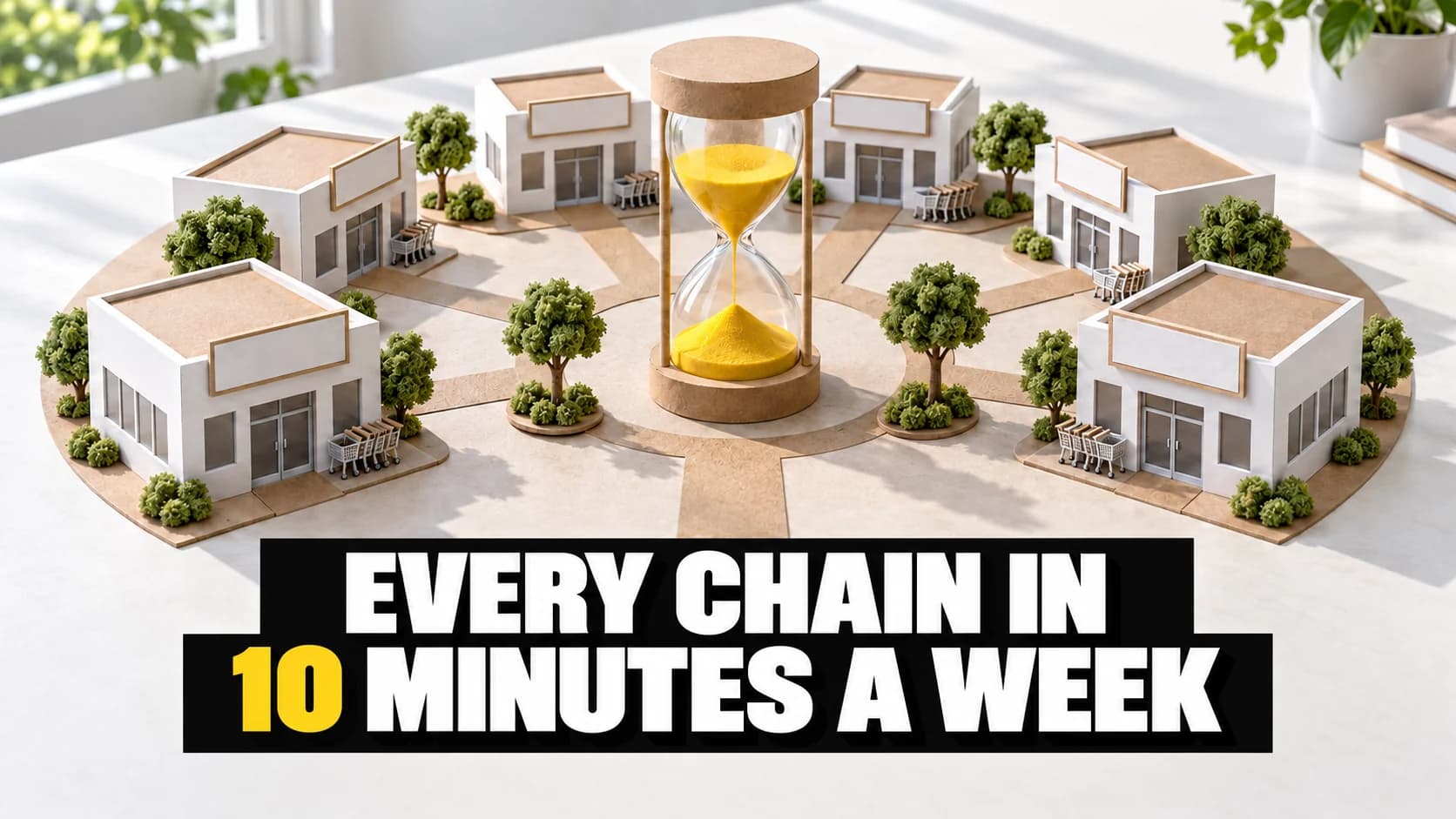 Six unbranded model shops in a ring around an hourglass with yellow sand.