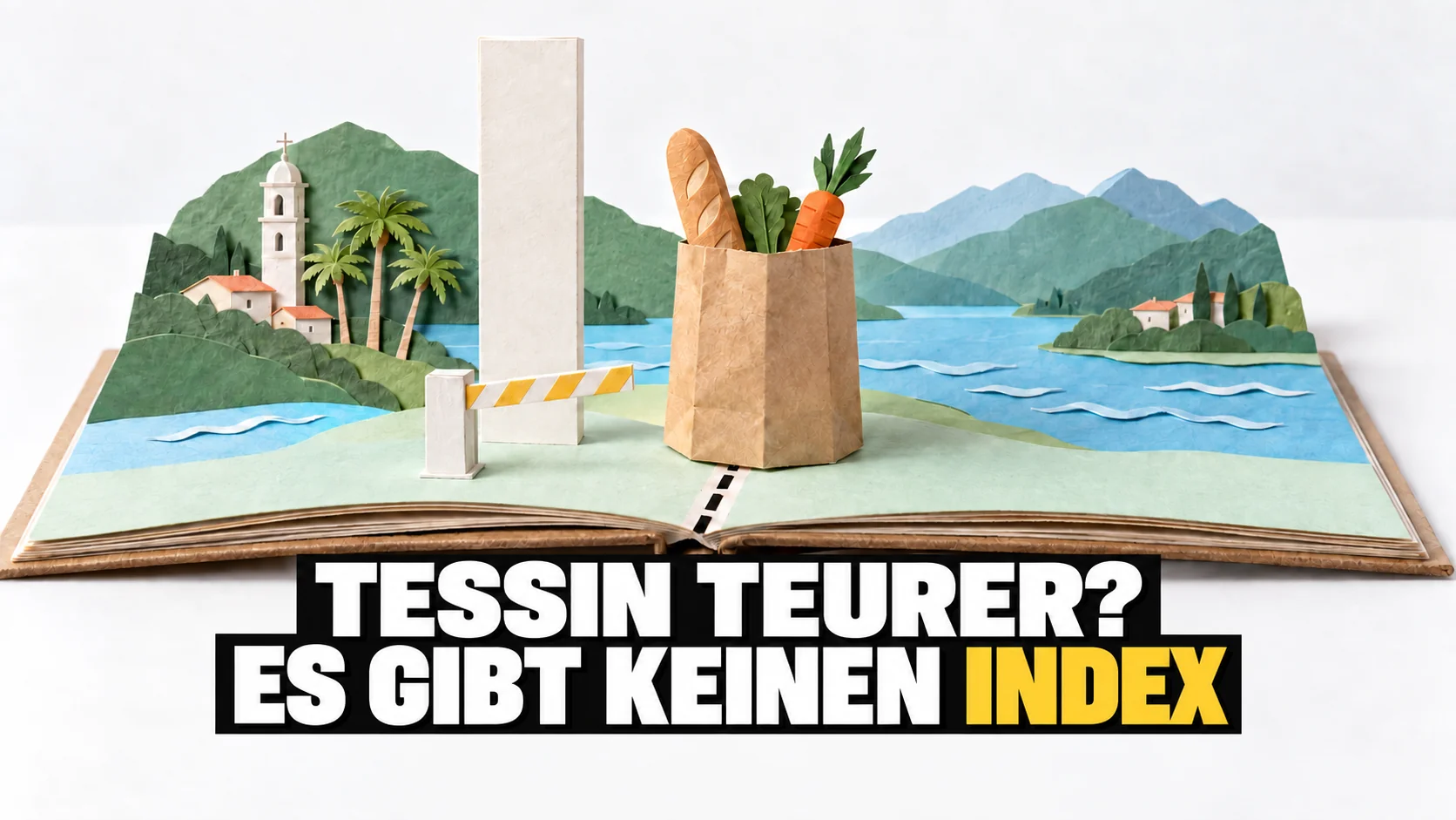 Papier-Pop-up mit einer Einkaufstasche auf der Grenzlinie und einer leeren Messsäule