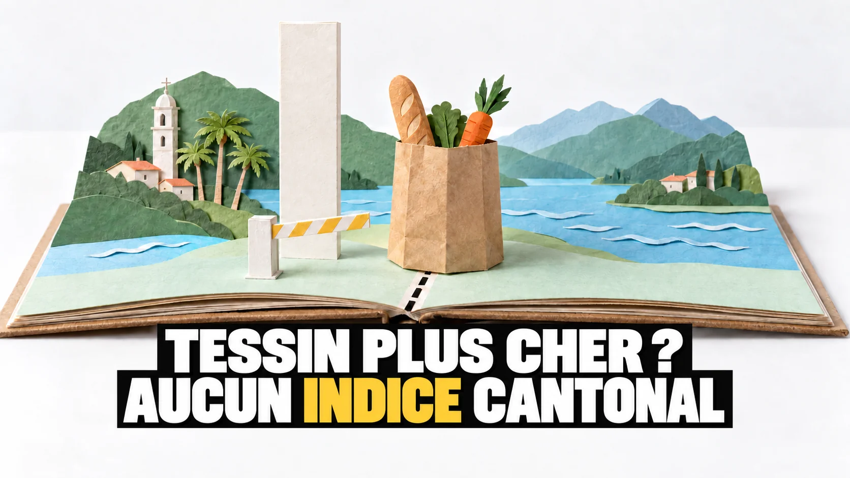 Pop-up en papier : un sac de courses à cheval sur une ligne frontière et une colonne de mesure vide