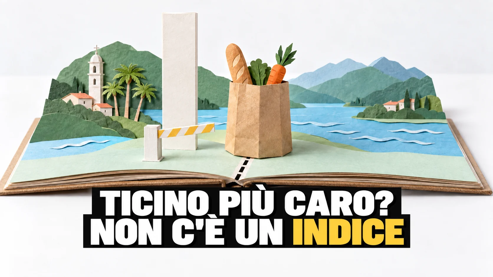 Pop-up di carta con un sacchetto della spesa a cavallo di una linea di confine e una colonna di misura vuota