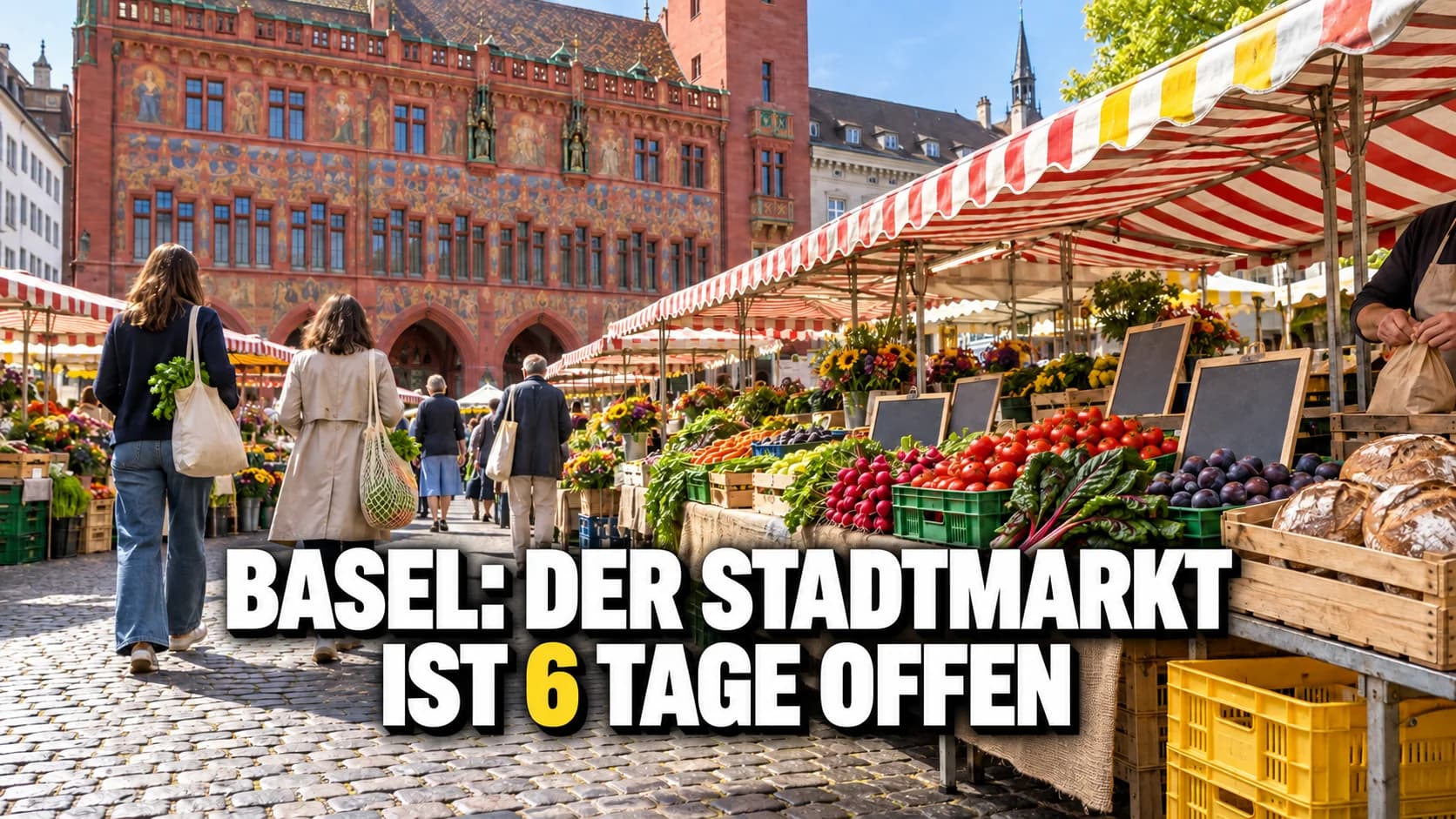 Basler Markt mit rot-weissen Markisen, Gemüsekisten und rotem Rathaus.
