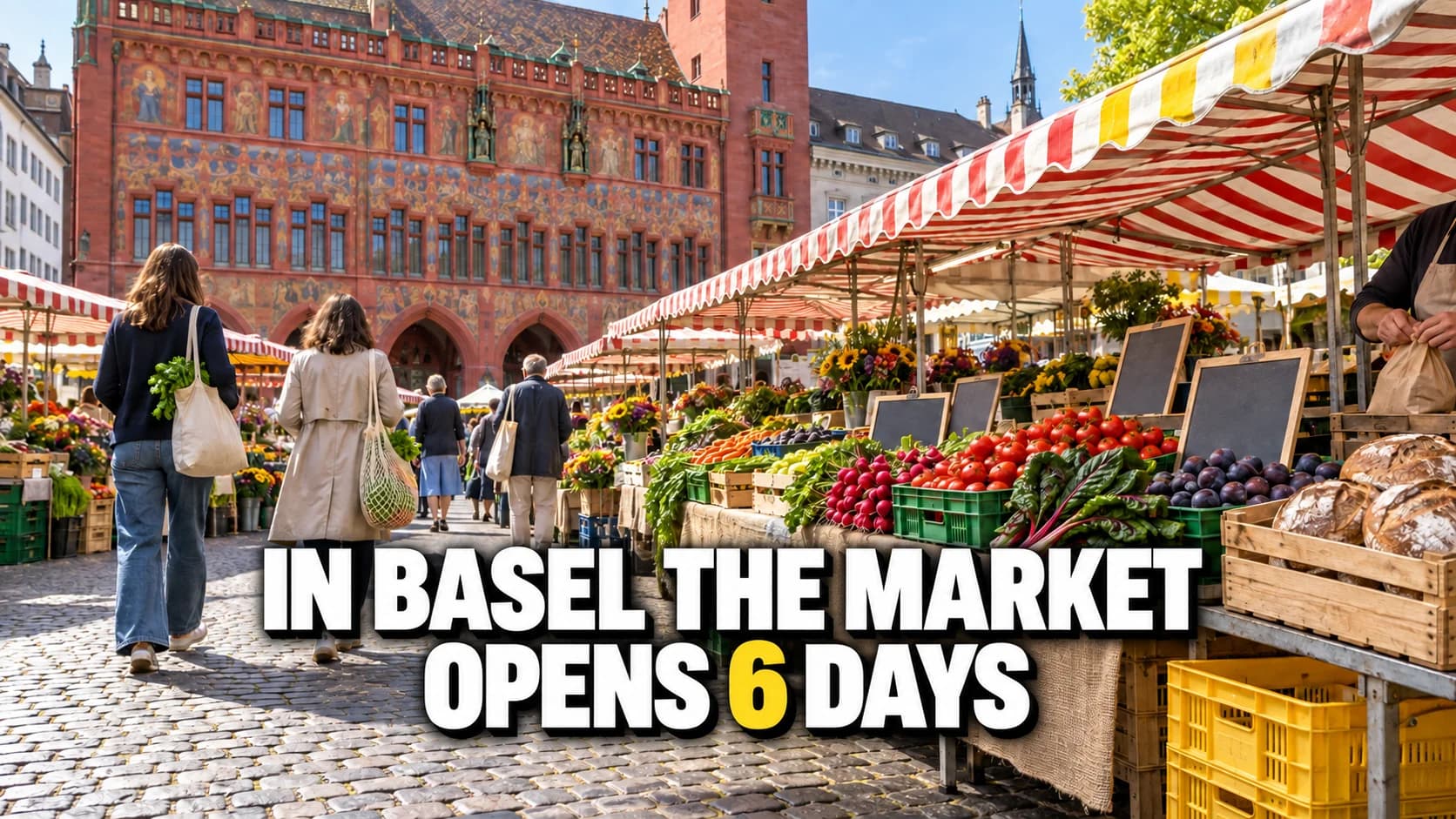 Basel market with red-and-white awnings, vegetable crates and the red town hall.