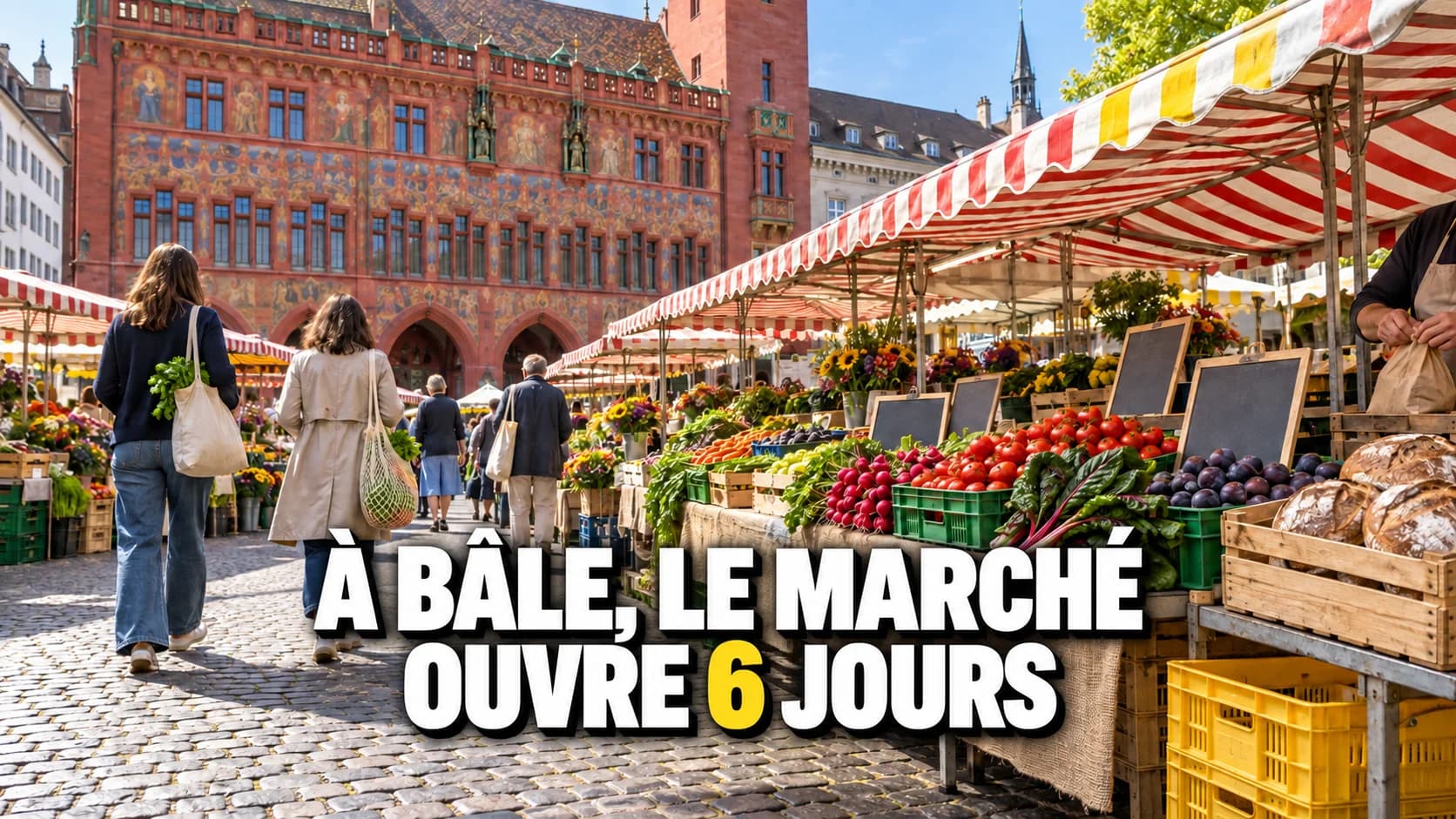 Marché de Bâle avec des auvents rouges et blancs, des caisses de légumes et l’hôtel de ville rouge.
