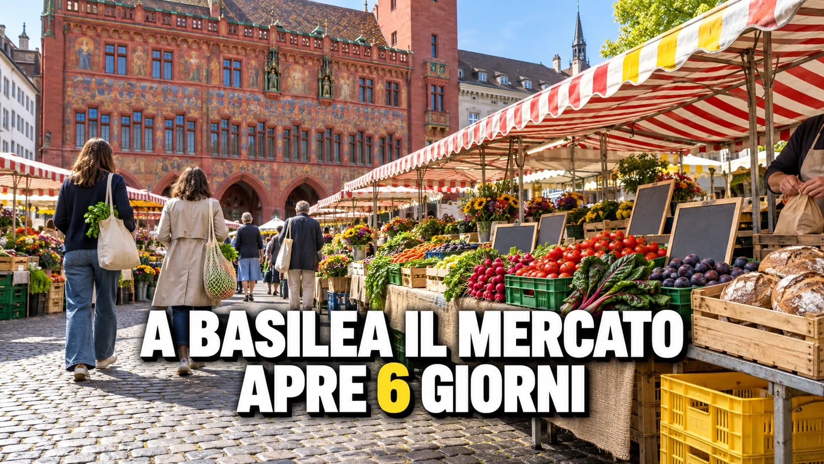 Mercato cittadino di Basilea con tende a righe rosse e bianche, casse di verdura e la facciata rossa del municipio
