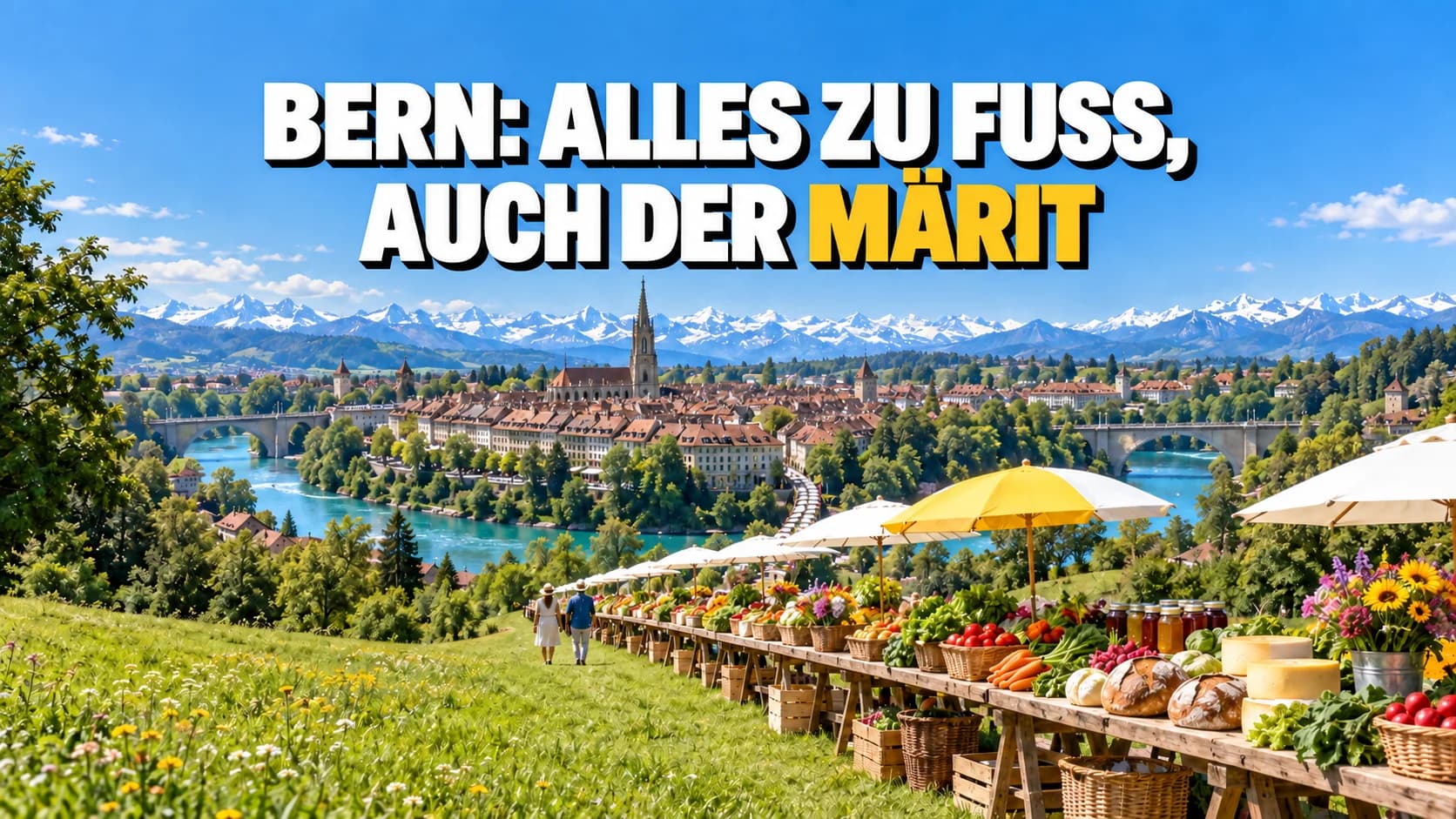 Sehr langer Markttisch aus Holz, der über eine Wiese auf eine Stadt in der Flussschlaufe zuläuft, verschneite Alpen am Horizont.