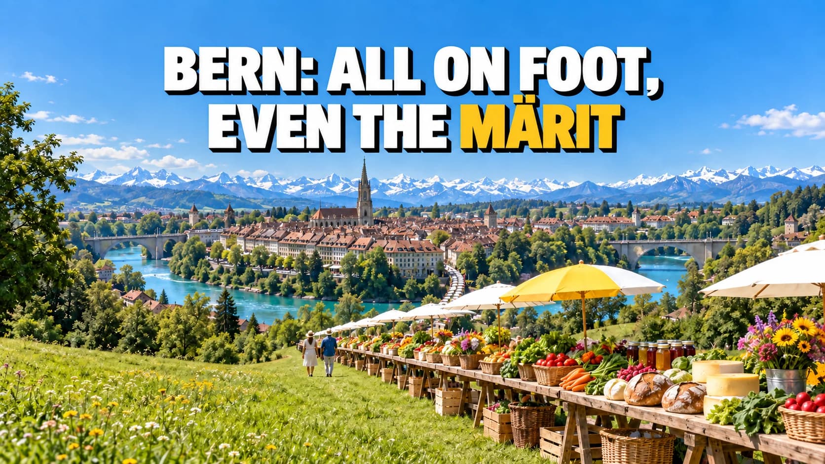 A very long wooden market table running across a meadow towards a city in a river bend, snowy Alps on the horizon.