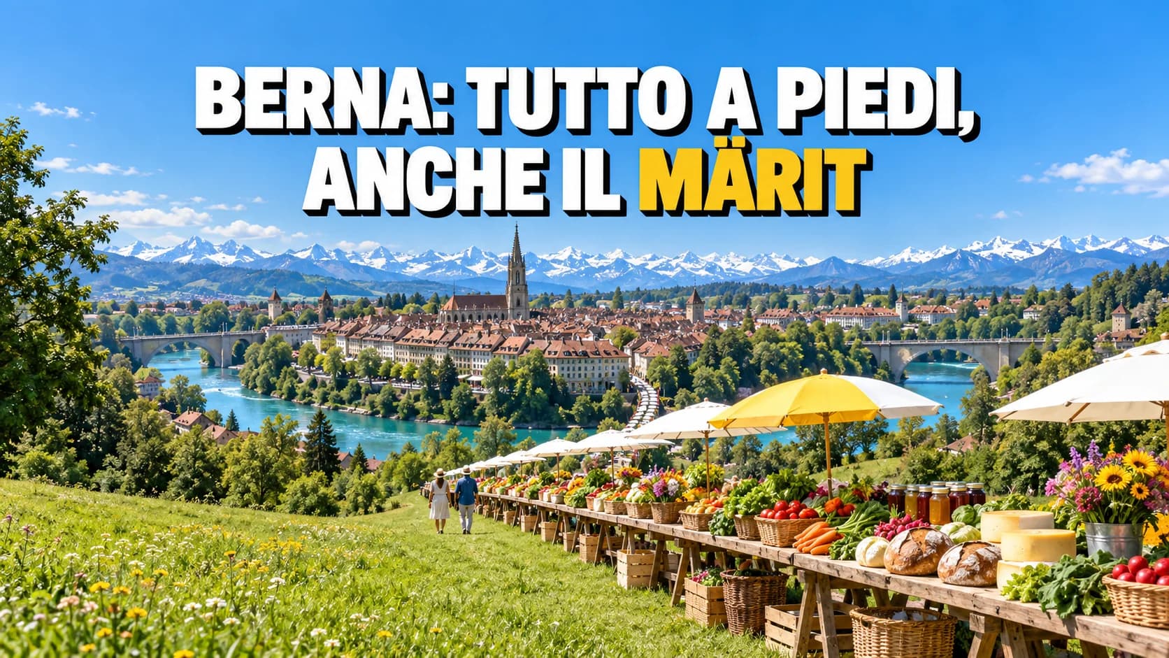 Lunghissimo banco di mercato in legno che attraversa un prato verso una città nell’ansa del fiume, Alpi innevate all’orizzonte.