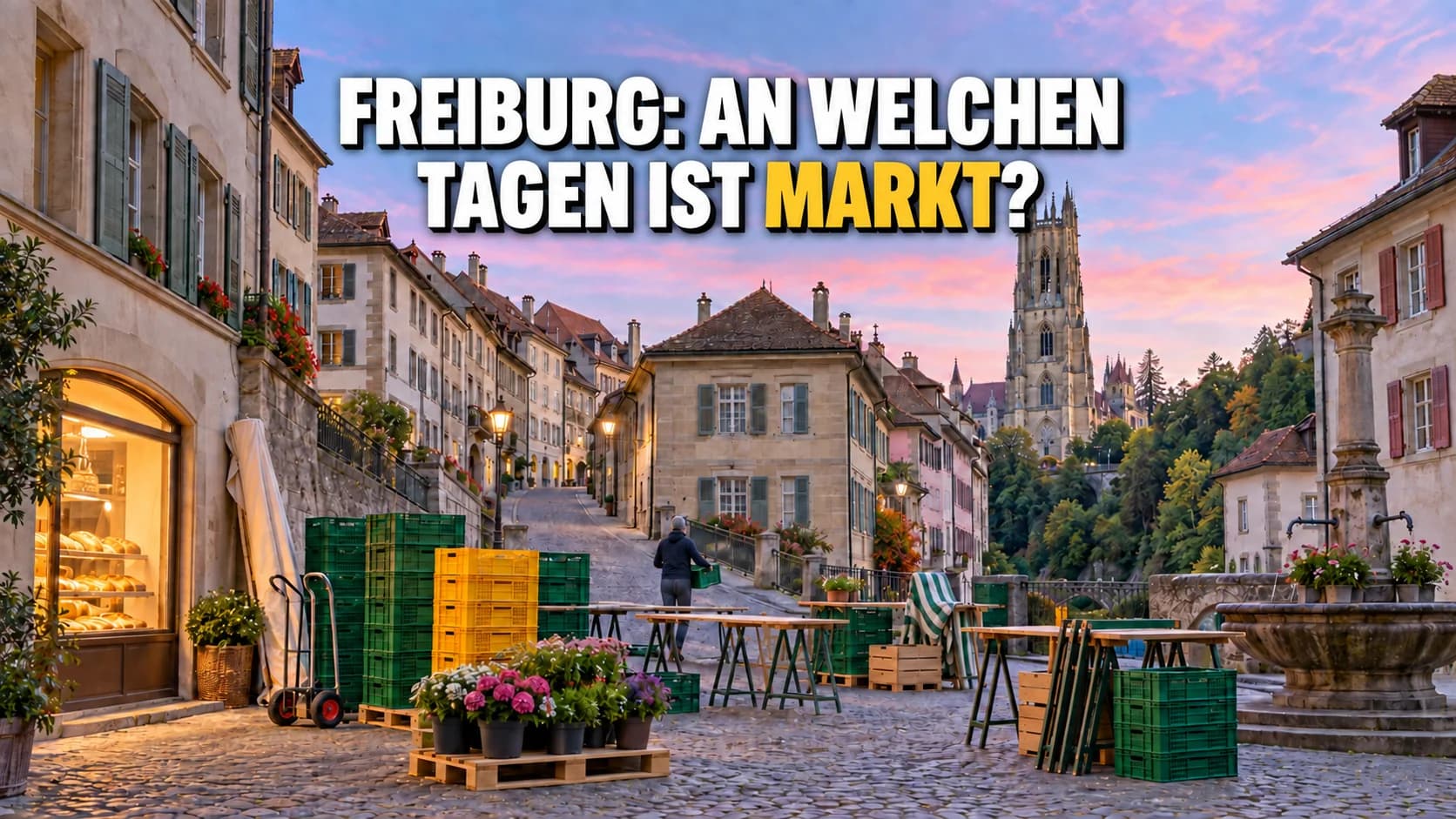 Ansteigende Kopfsteingasse im Morgenlicht, Marktstände im Aufbau und der Kathedralenturm am Ende der Gasse.