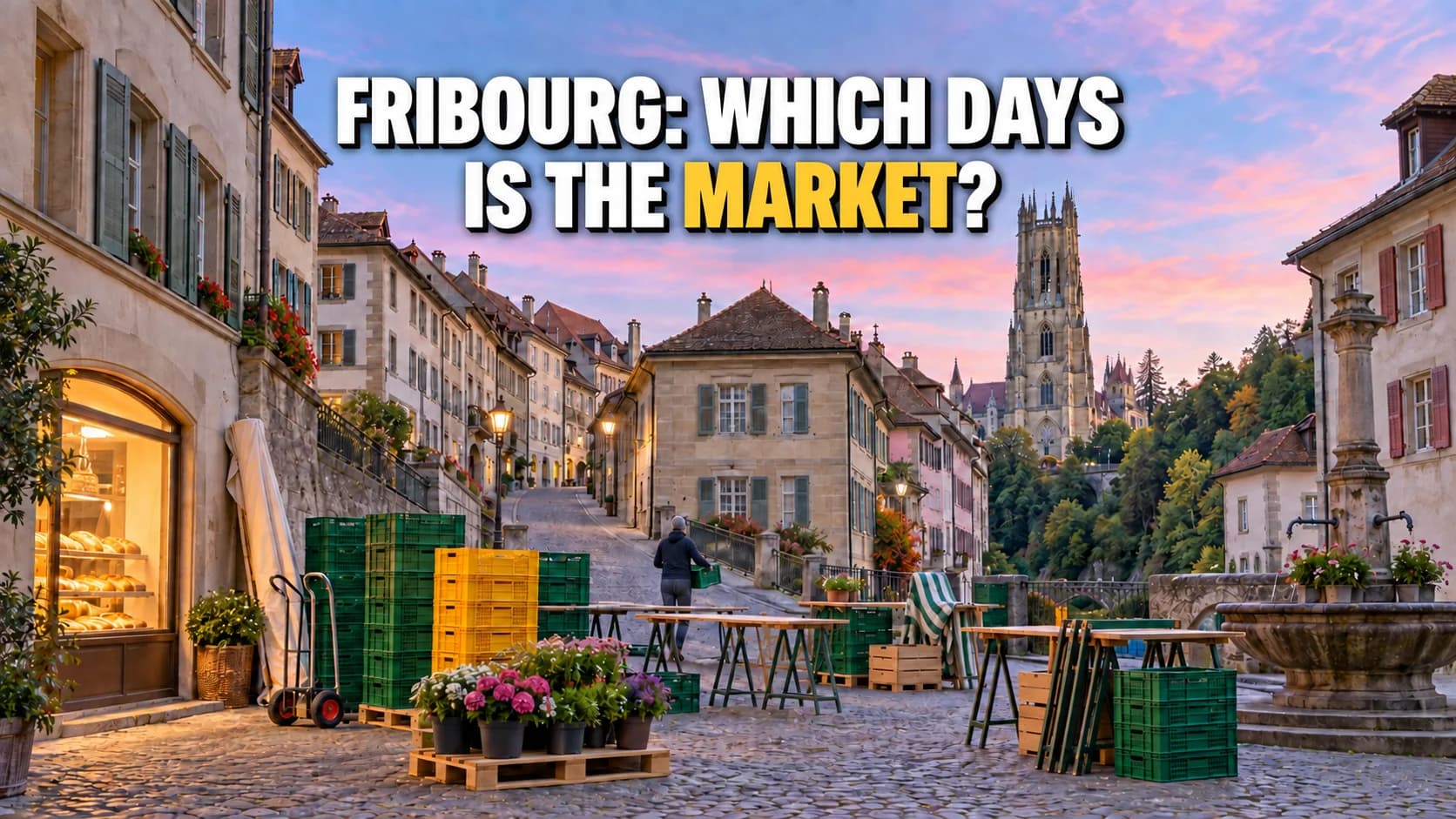 A steep cobbled lane at dawn with market stalls being set up and a cathedral tower at the end.