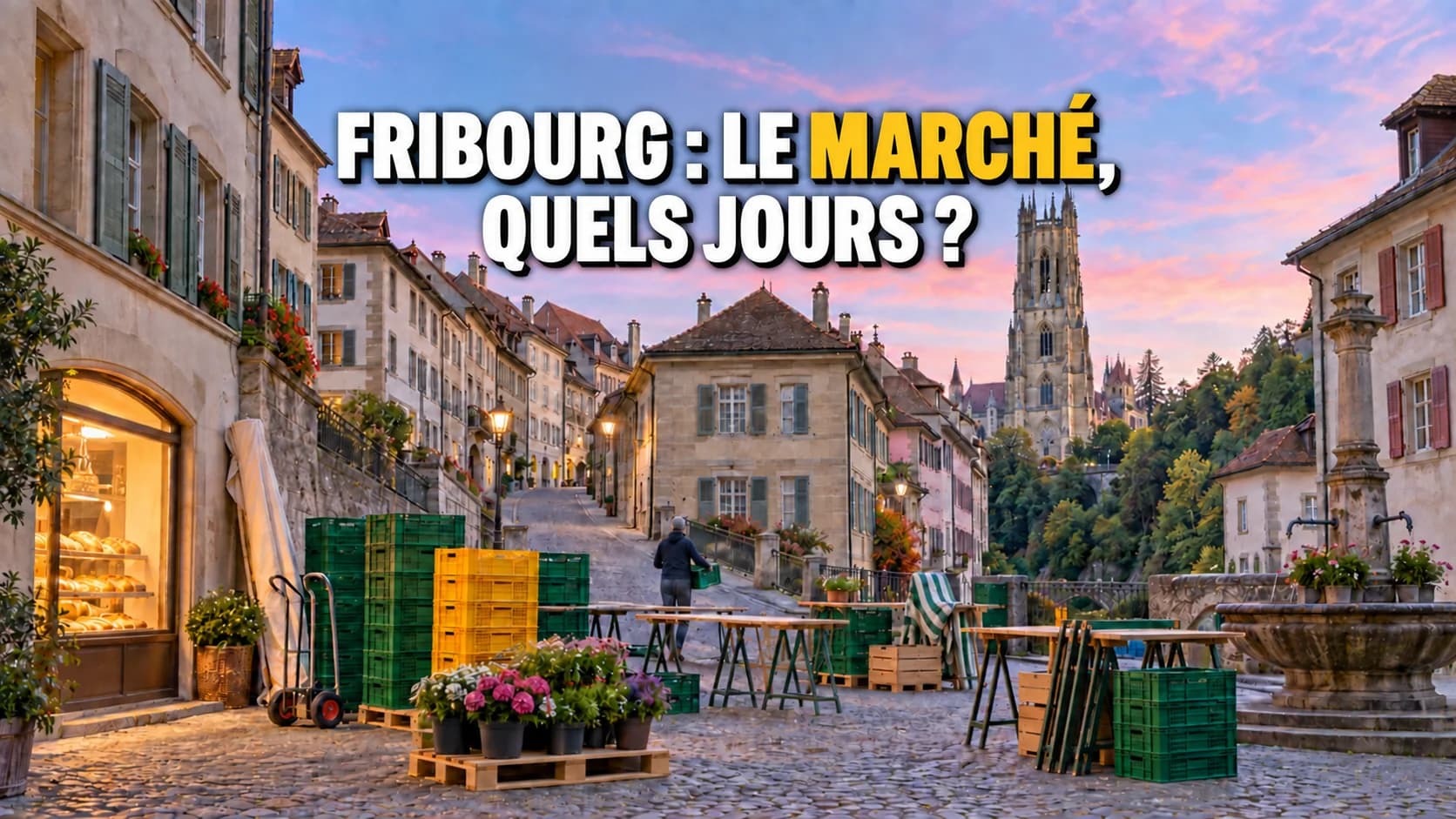 Ruelle pavée en pente à l’aube, étals de marché en montage et la tour de la cathédrale au fond.