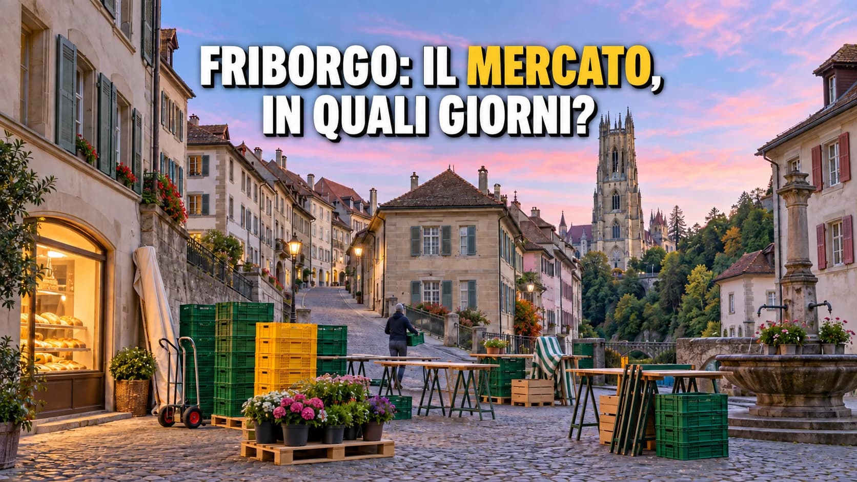 Via acciottolata in salita all’alba con banchi di mercato in allestimento e la torre della cattedrale in fondo.