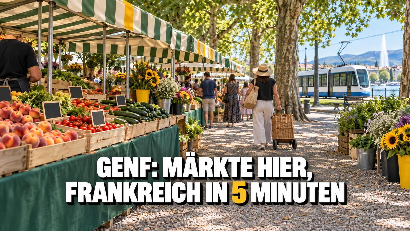 Genfer Markt unter Bäumen mit gestreiften Markisen, Obstkisten und einem Tram.