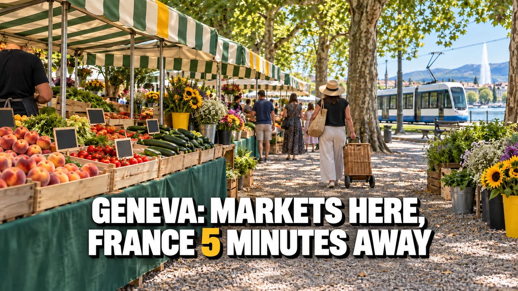 Geneva market beneath trees with striped awnings, fruit crates and a tram.