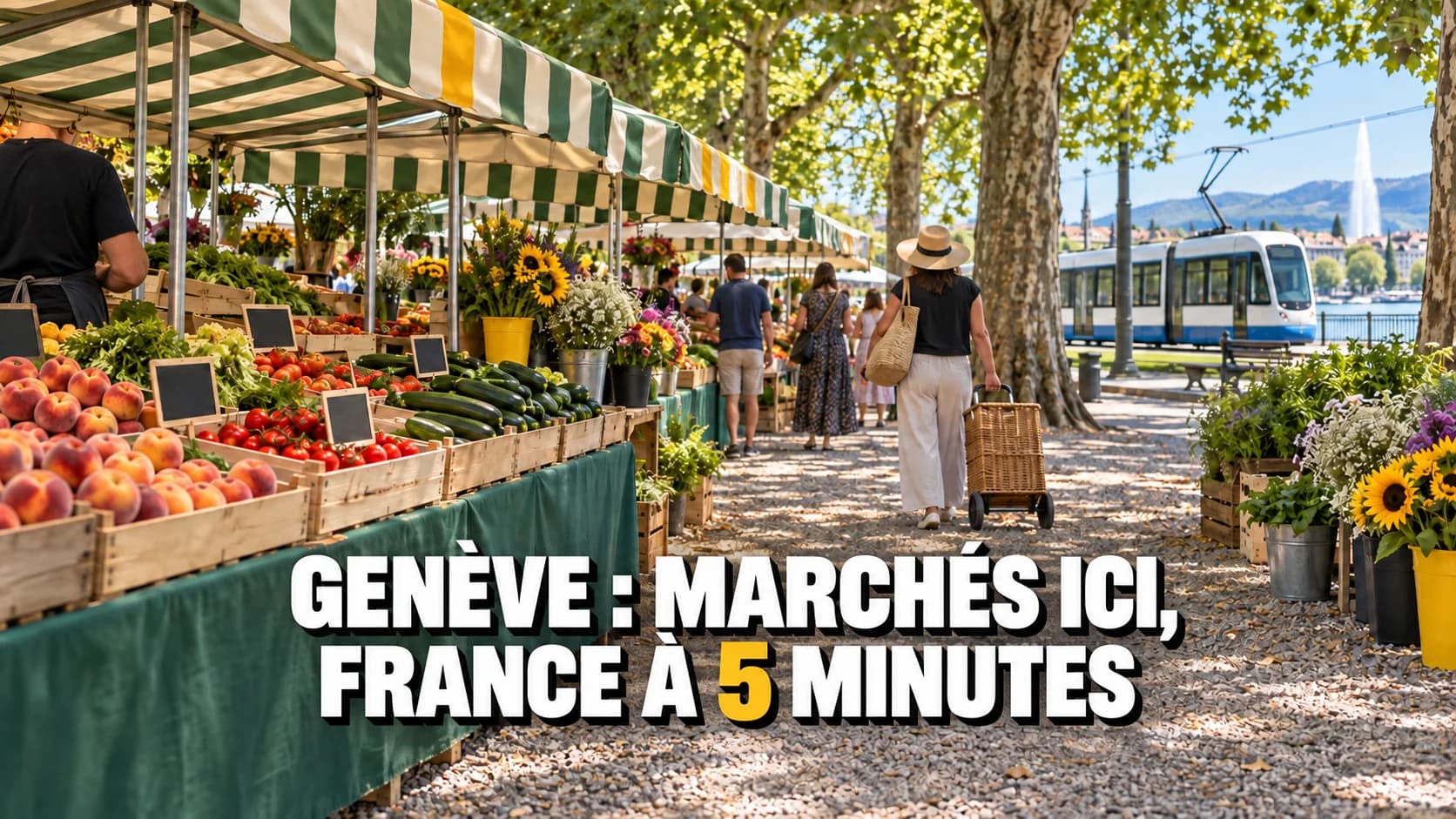 Marché genevois sous les arbres avec des auvents rayés, des caisses de fruits et un tram.