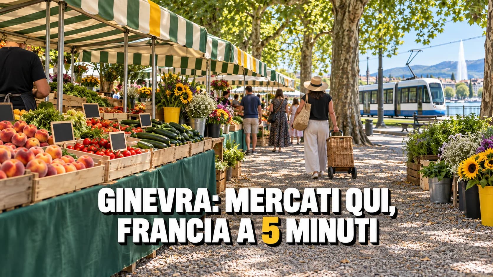 Mercato ginevrino sotto i platani con tende a righe, casse di frutta e un tram che passa sullo sfondo