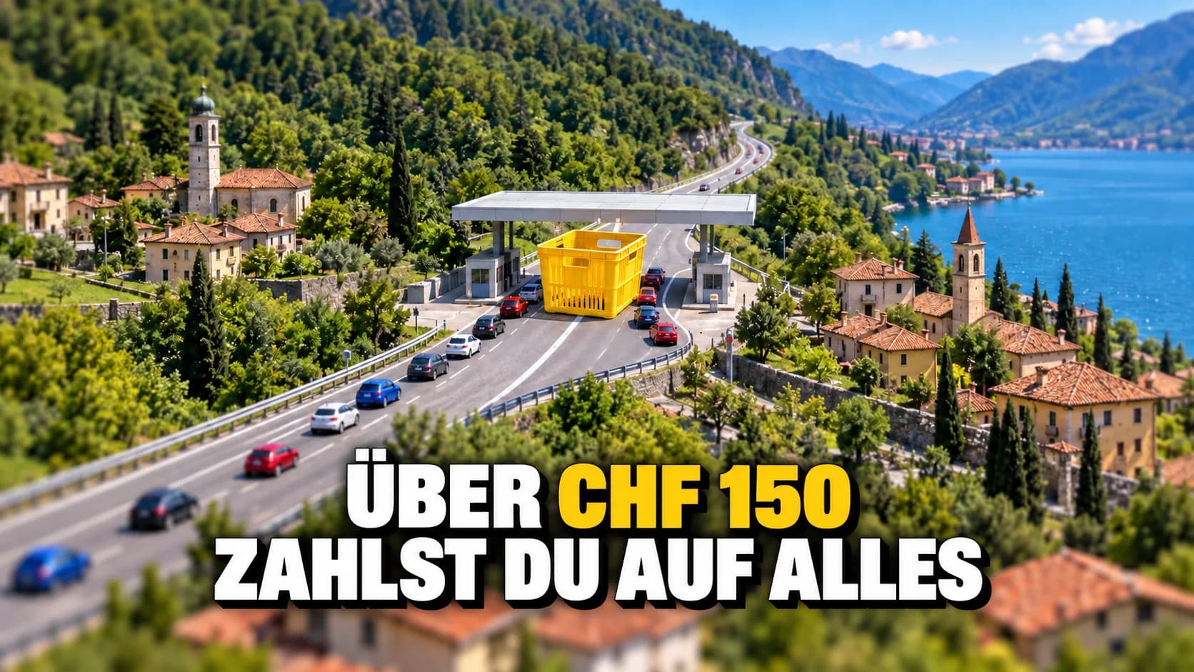 Miniaturhafte Luftaufnahme eines Grenztals mit einer riesigen gelben Kiste, die auf der weissen Linie der Strasse steht.
