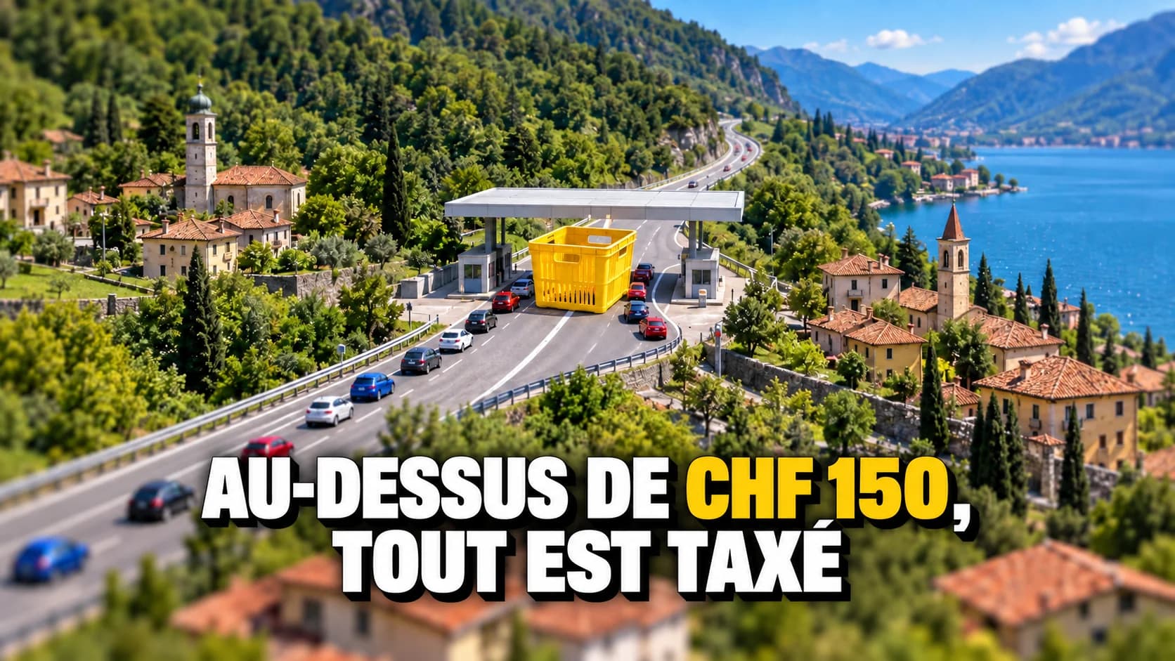 Vue aérienne en miniature d’une vallée frontalière, une immense caisse jaune posée à cheval sur la ligne blanche de la route.