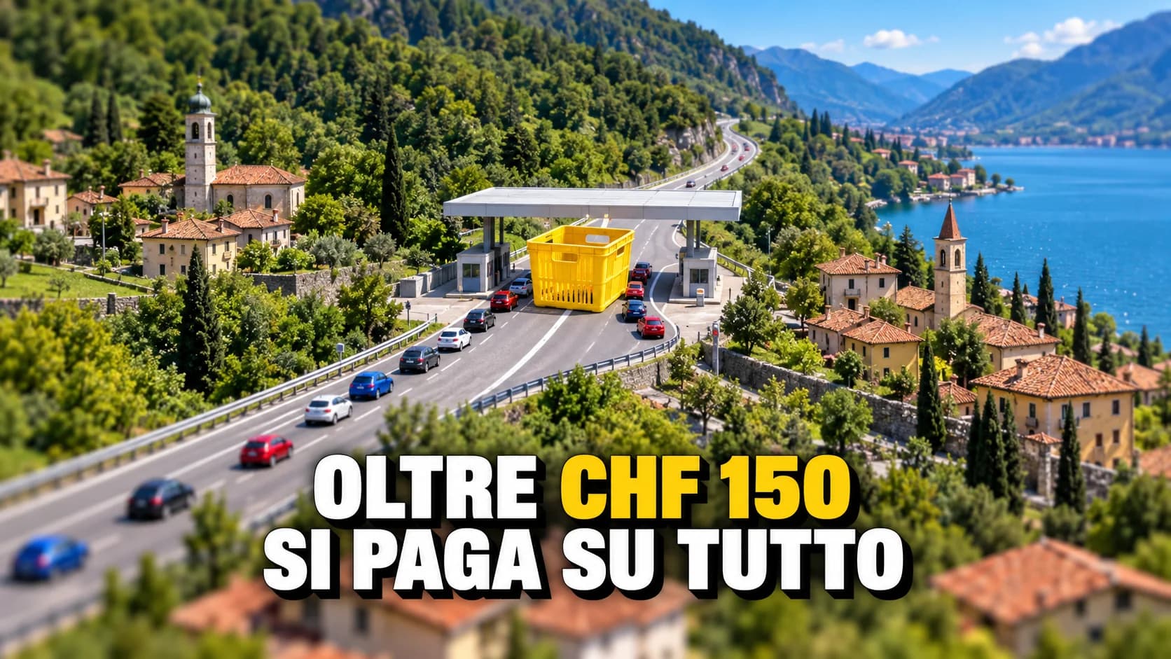 Veduta aerea in miniatura di una valle di confine con una gigantesca cassetta gialla a cavallo della linea bianca sulla strada.