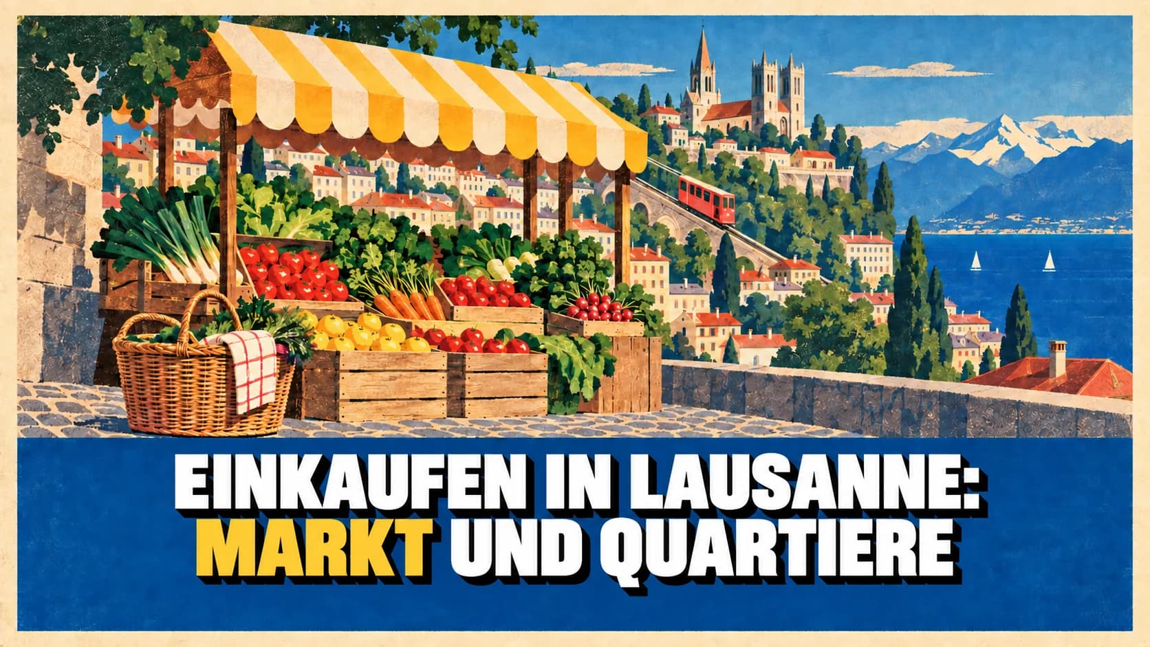 Retro-Reiseplakat mit Marktstand, gestufter Lausanner Stadtlandschaft und See.