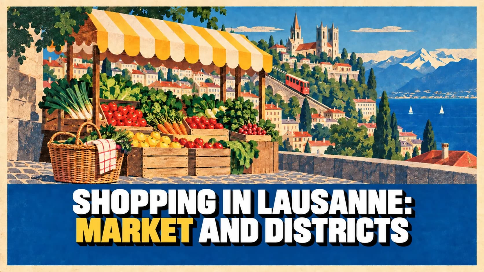 Retro travel poster with a market stall, terraced Lausanne cityscape and lake.