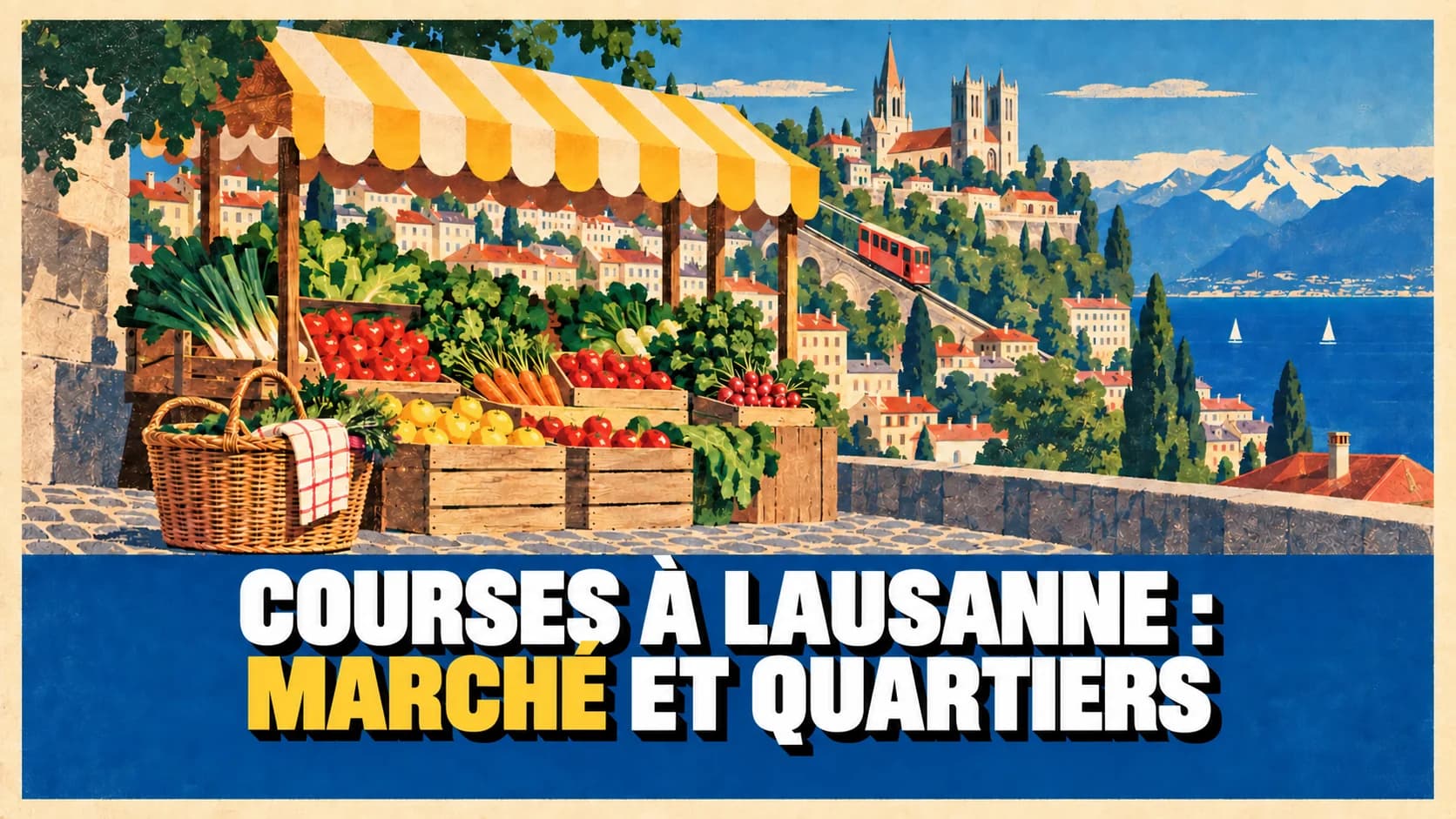 Affiche touristique rétro avec un étal, les terrasses de Lausanne et le lac.