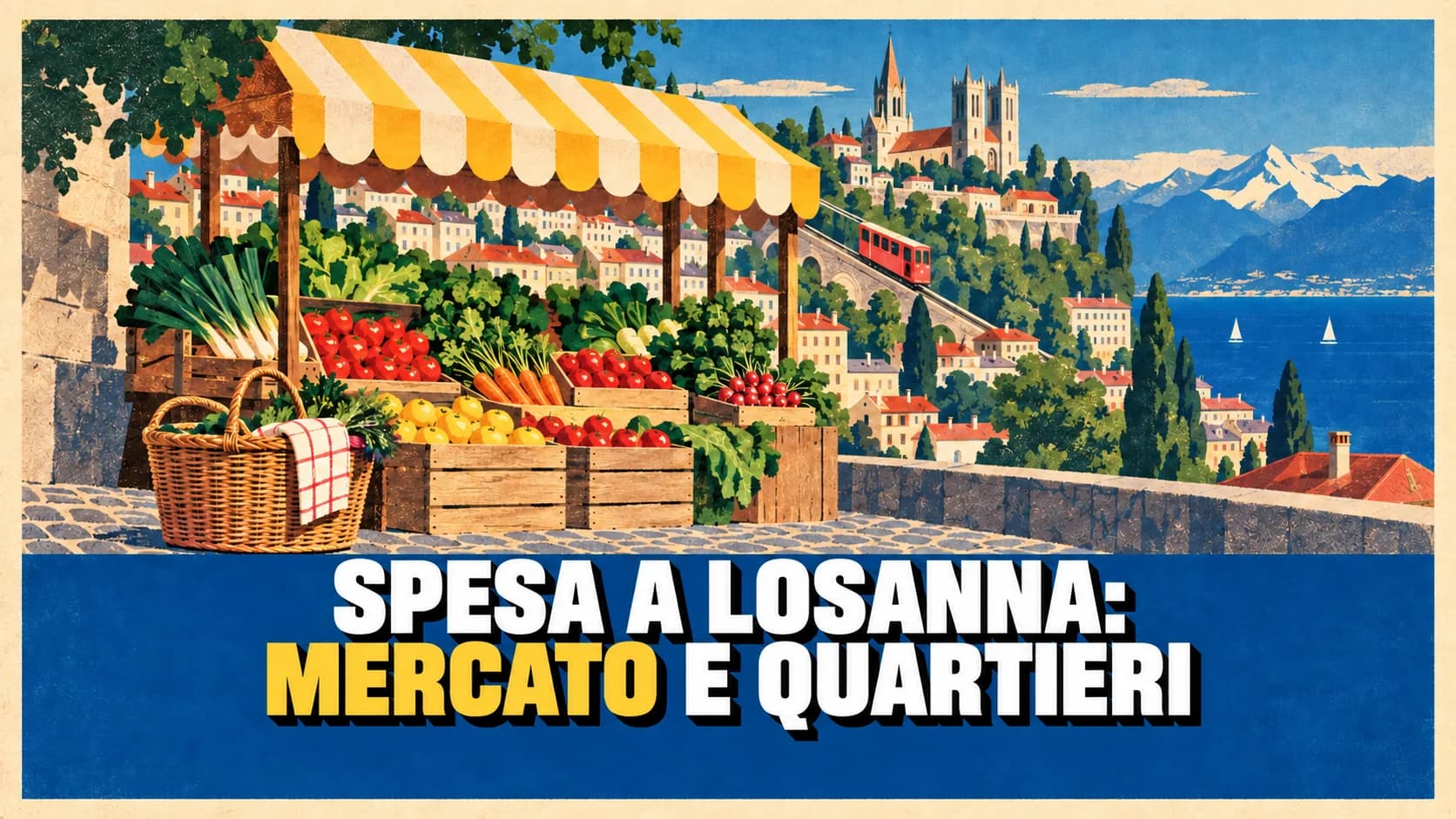 Manifesto turistico in stile anni Trenta: banco di mercato con tenda a righe in primo piano, la città terrazzata e il lago sullo sfondo.
