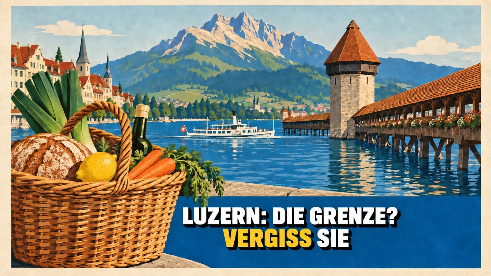 Retroplakat von Luzern mit Kapellbrücke, Pilatus und einem Einkaufskorb im Vordergrund.