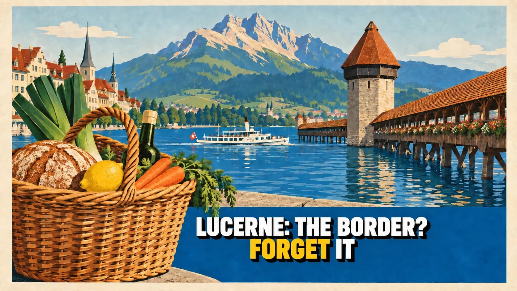 Retro Lucerne poster with the covered bridge, Mount Pilatus and a grocery basket in front.