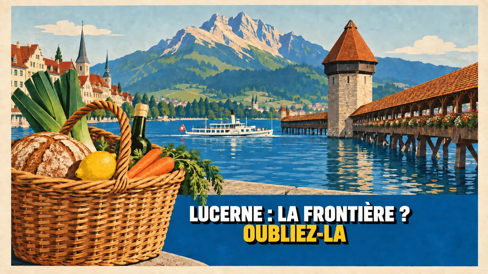 Affiche rétro de Lucerne avec le pont couvert, le Pilatus et un panier de courses au premier plan.
