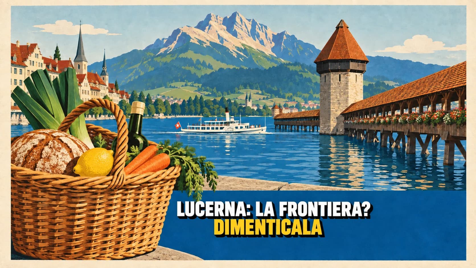 Manifesto litografico rétro di Lucerna con il ponte coperto, il Pilatus e un grande cesto della spesa in primo piano
