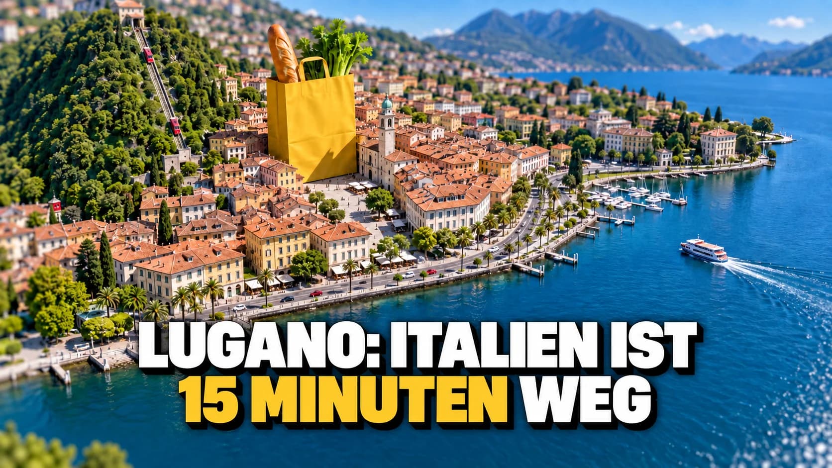 Miniatur-Luftansicht von Lugano am See mit einer riesigen gelben Einkaufstüte zwischen den Dächern.