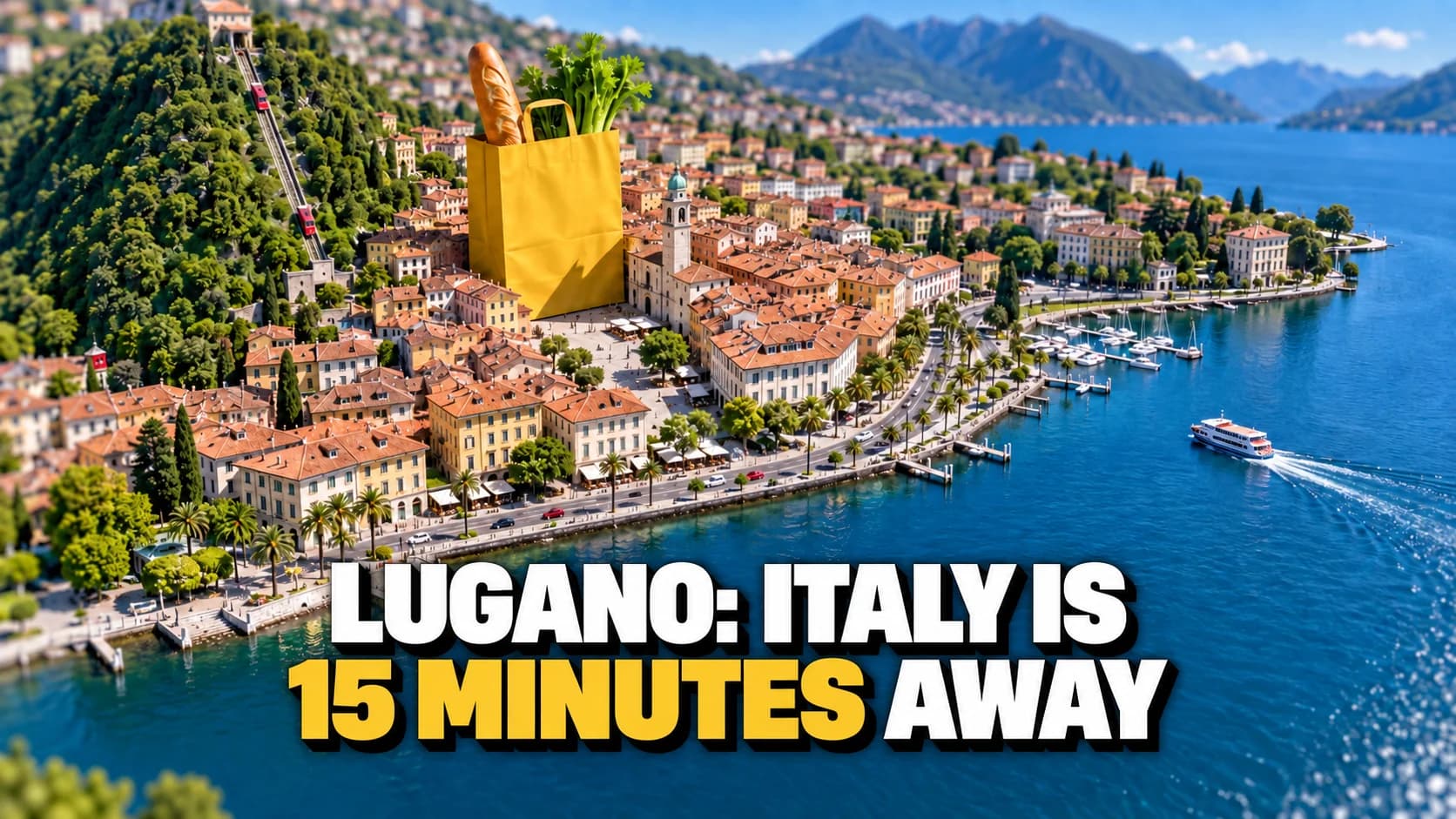 Miniature aerial view of lakeside Lugano, with a giant yellow grocery bag among the rooftops.