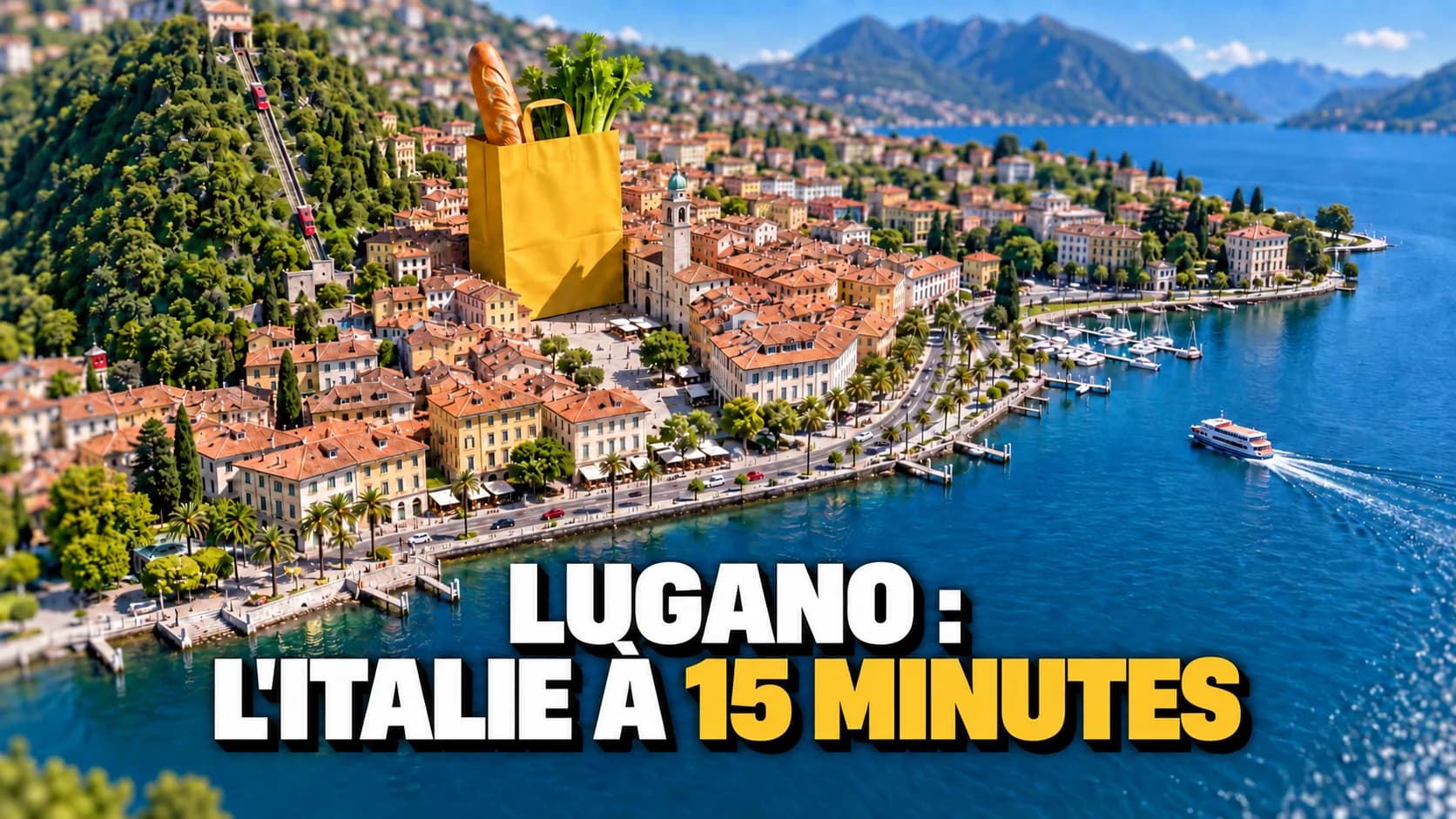 Vue aérienne miniature de Lugano au bord du lac, avec un sac jaune géant entre les toits.