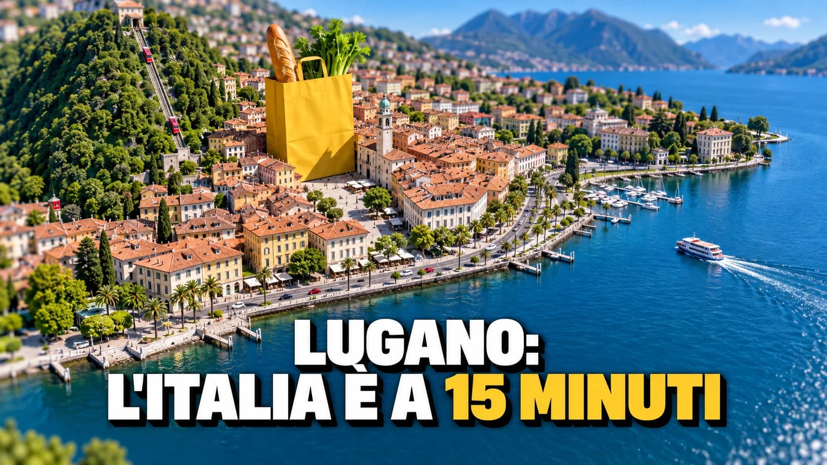 Veduta aerea in miniatura di Lugano sul lago con un gigantesco sacchetto della spesa giallo posato fra i tetti.