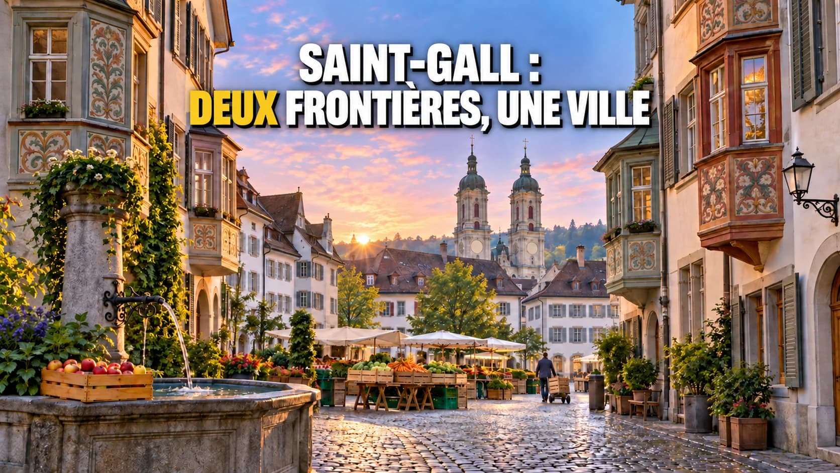 Ruelle de la vieille ville de Saint-Gall à l’aube, avec oriels, fontaine et étals.