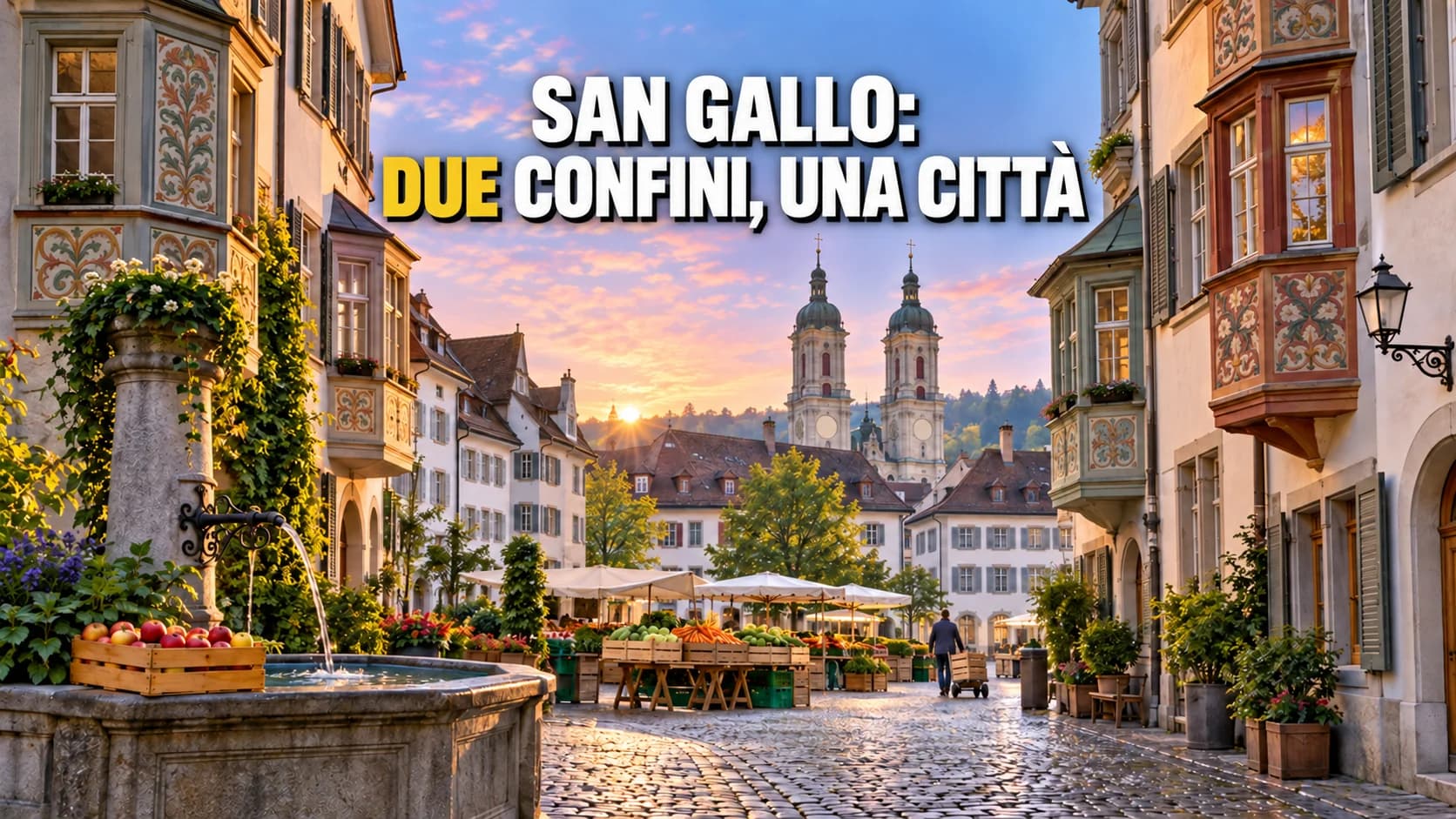 Vicolo di città vecchia all’alba con bovindi dipinti e una fontana, in fondo il mercato che apre con casse di frutta e verdura.