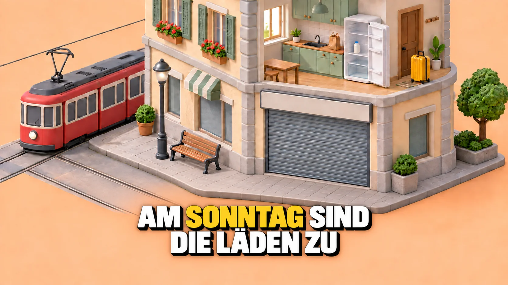 Knetmodell eines geschlossenen Eckladens mit offener Küche und gelbem Koffer darüber.