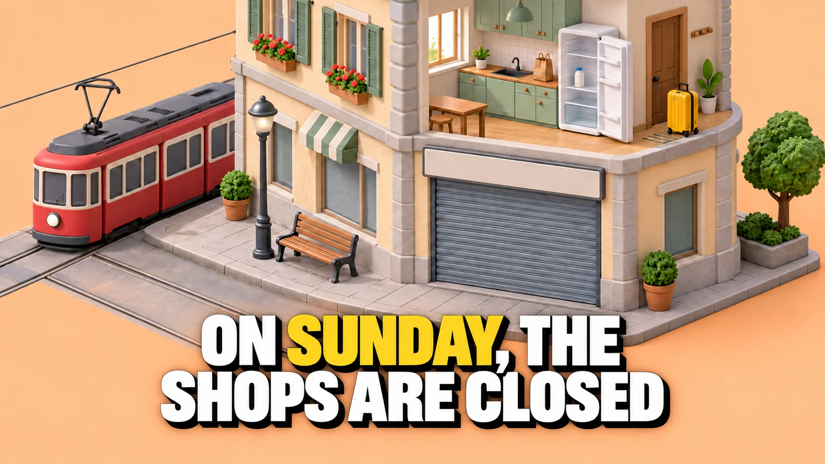 Clay diorama of a closed corner shop with an open kitchen and yellow suitcase above.