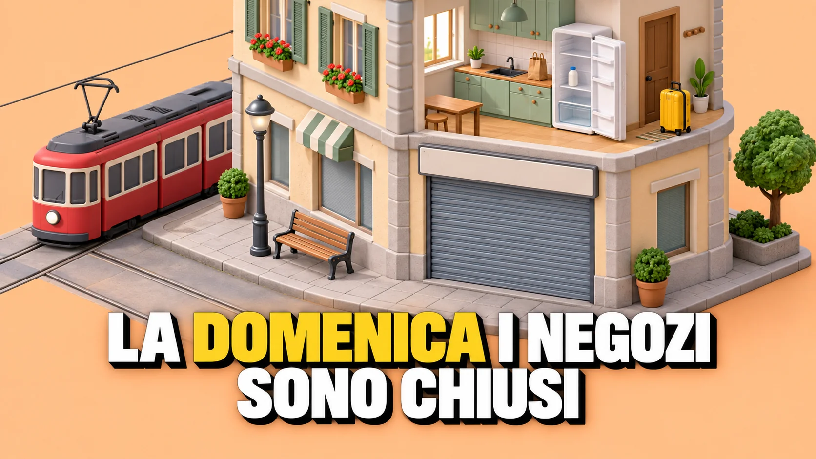 Diorama isometrico in plastilina: negozio d’angolo con la saracinesca abbassata e, al piano sopra, una cucina aperta con il frigorifero quasi vuoto e una valigia gialla.