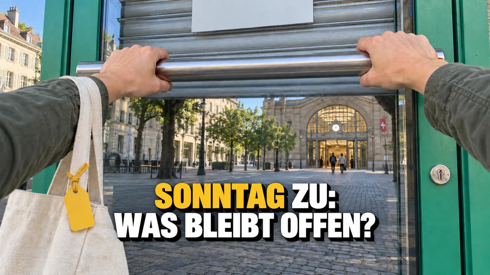 Hände an einer geschlossenen Ladentür; im Glas spiegelt sich ein beleuchteter Bahnhof.
