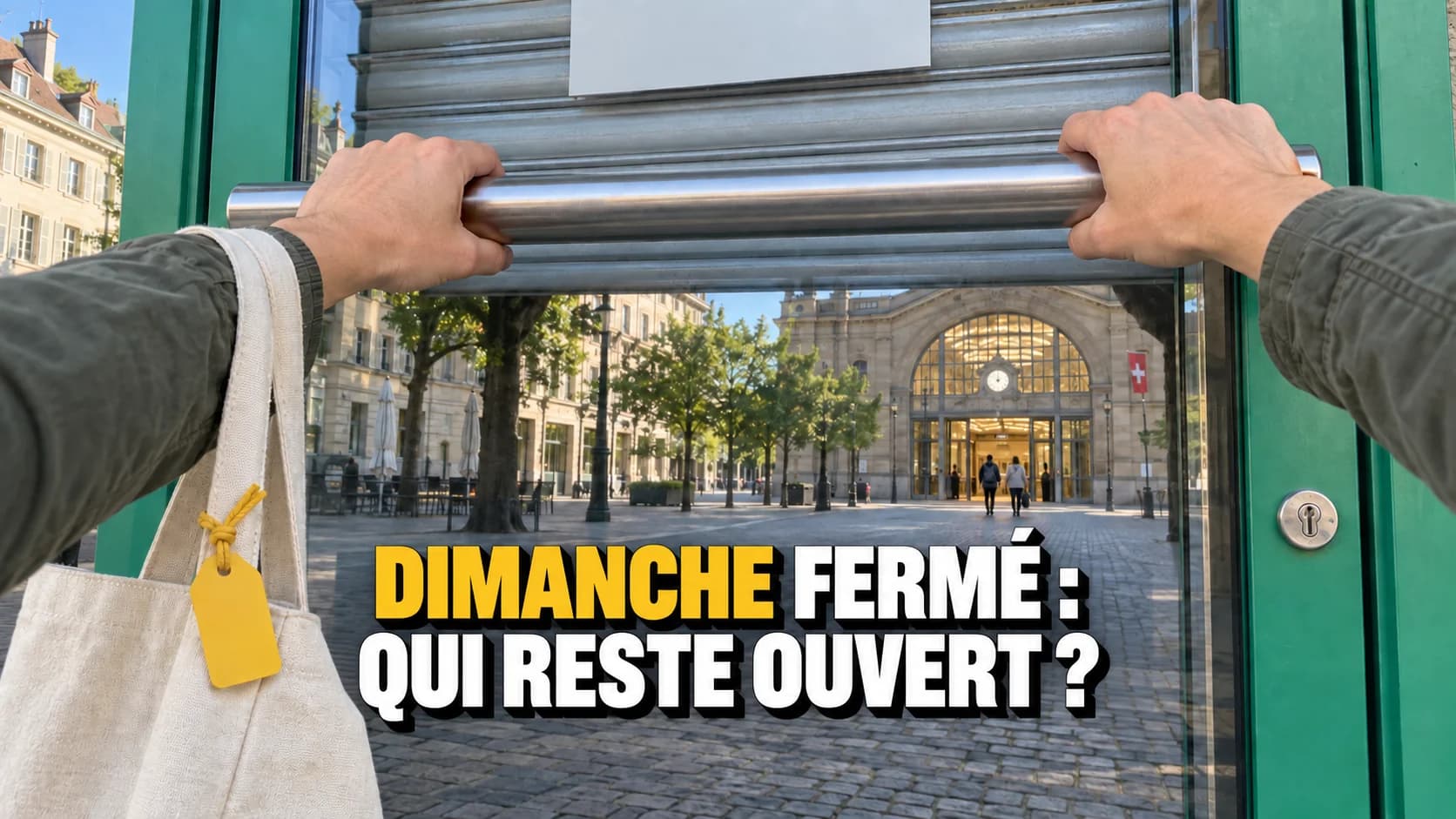 Des mains sur une porte de magasin fermée, avec une gare éclairée dans le reflet.
