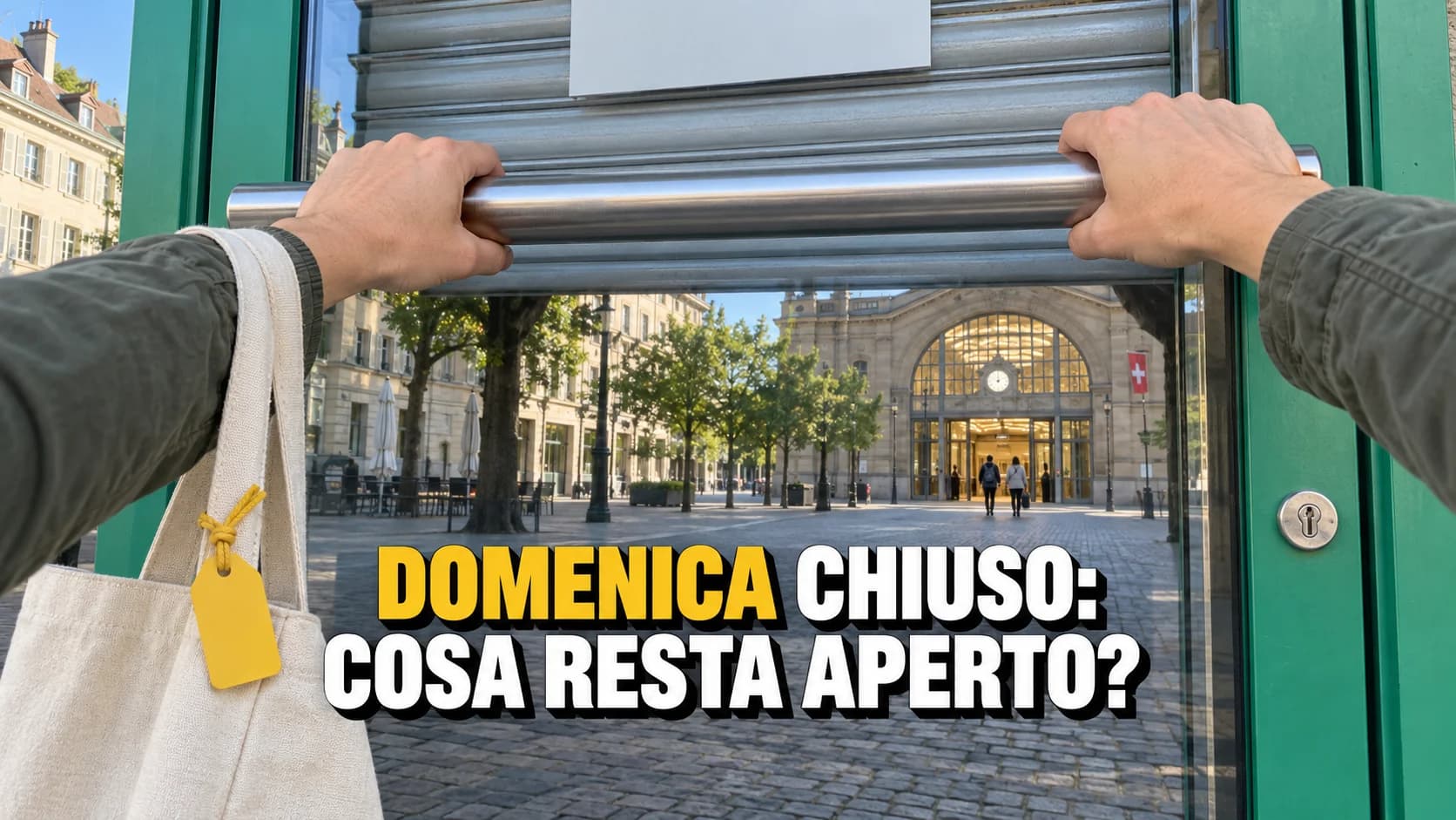 Vista in prima persona: due mani sulla maniglia di una porta a vetri chiusa con la serranda abbassata, e nel riflesso una stazione illuminata con le porte aperte